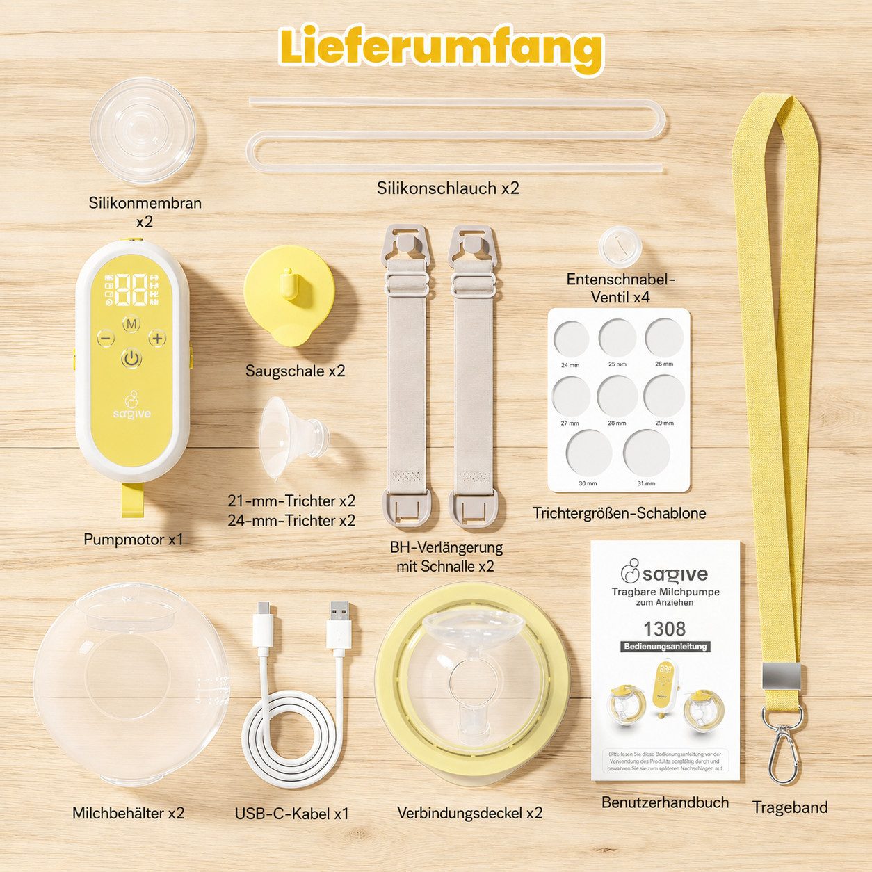 Vivitar Elektrische Doppelmilchpumpe Tragbar, mit LED-Anzeige, 4 Modi und 12 Saugstufen, BPA-frei, inklusive Flansche in den Größen 19/21/24/27 mm, USB-C, leich – Bild 5 von 5