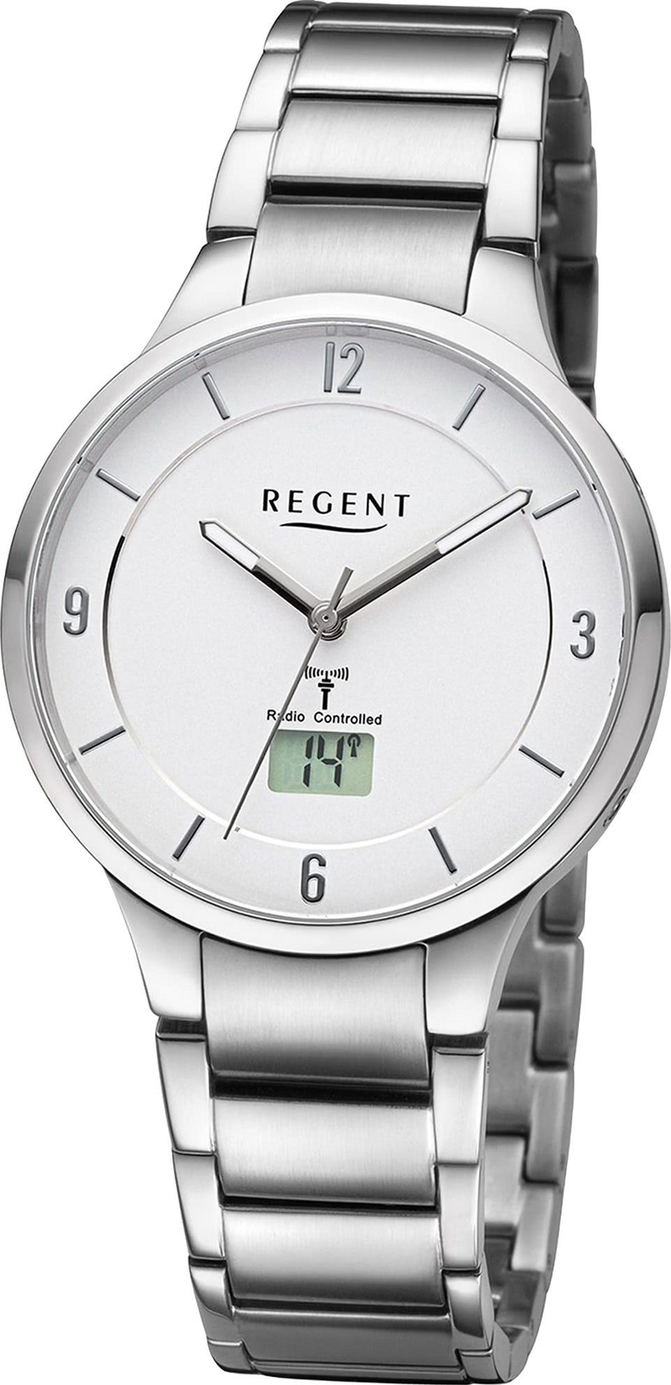 Regent Funkuhr Regent Damen Funkuhr Analog-Digital, (Funkuhr), Damen Funkuhr rund, extra groß (ca. 30mm), Metallarmband