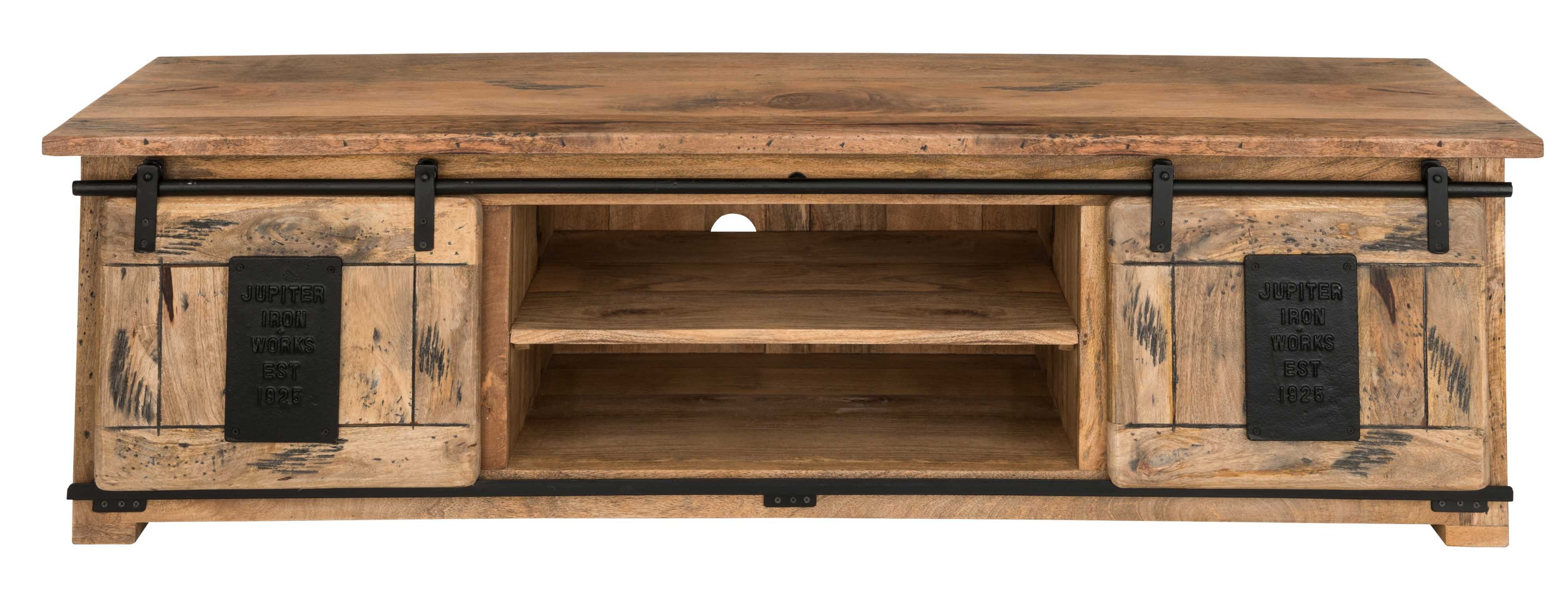 MR.DEKO Kommode Florenz Mango Vintage 180 x 55 x 50 cm, Lowboard TV Schrank (TV-Board 180cm breit, passende Möbel erhältlich), 3 Schubladen, 2 Schiebetüren, Vintage mit Metallrahmen