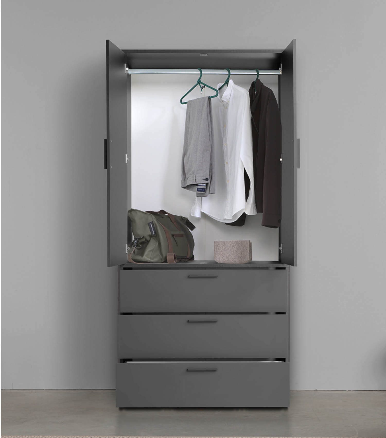 mokebo Kleiderschrank Grid (2-Türig & 3 Schubladen) Garderobenschrank, Schlafzimmerschrank oder Schrank klein in Schwarz