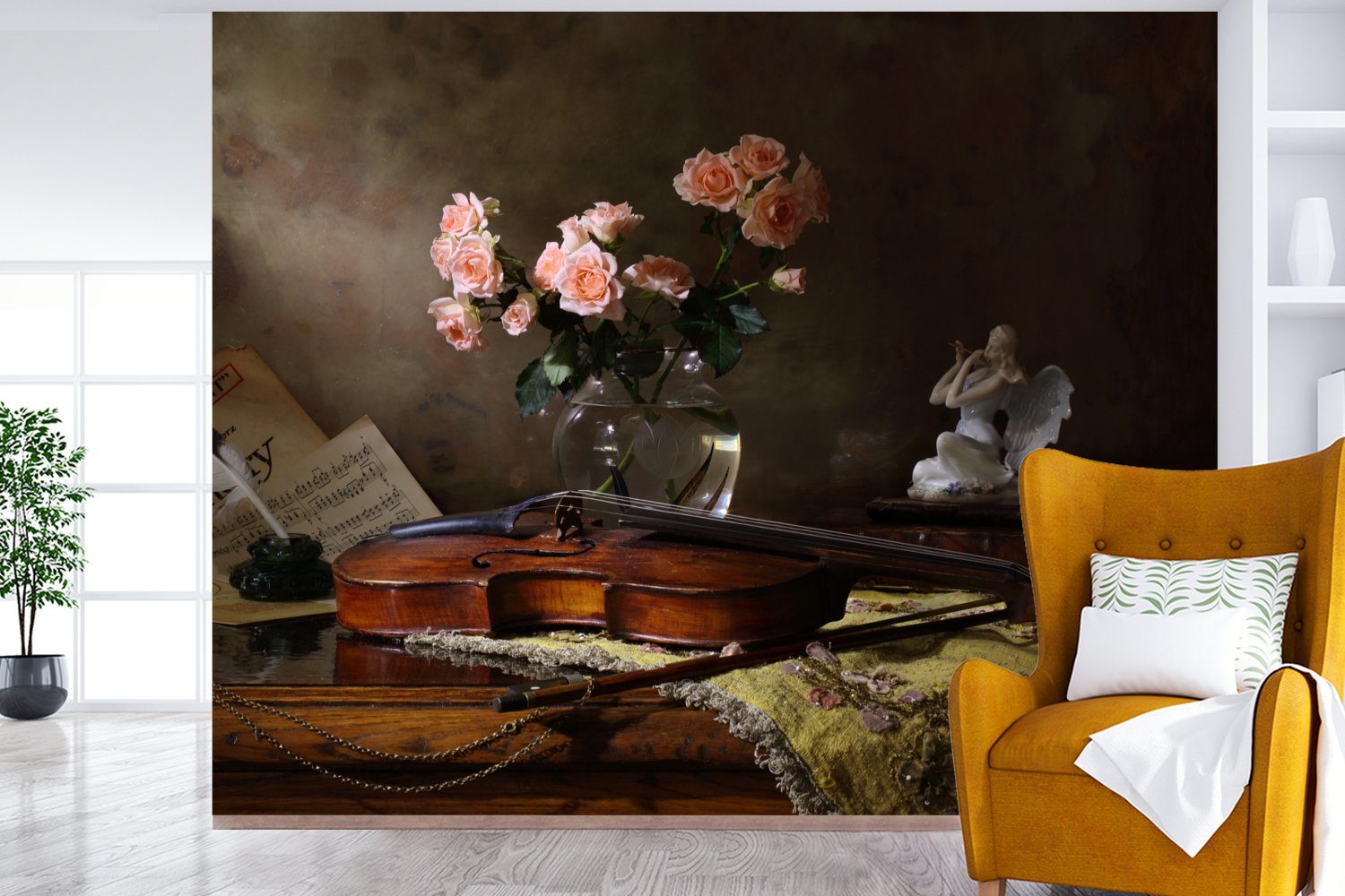 Rosa Wandtapete Matt, (5 Montagefertig - MuchoWow - Rosen St), - Vinyl Tapete für Blumen bedruckt, Violine Fototapete Wohnzimmer, - Stilleben,