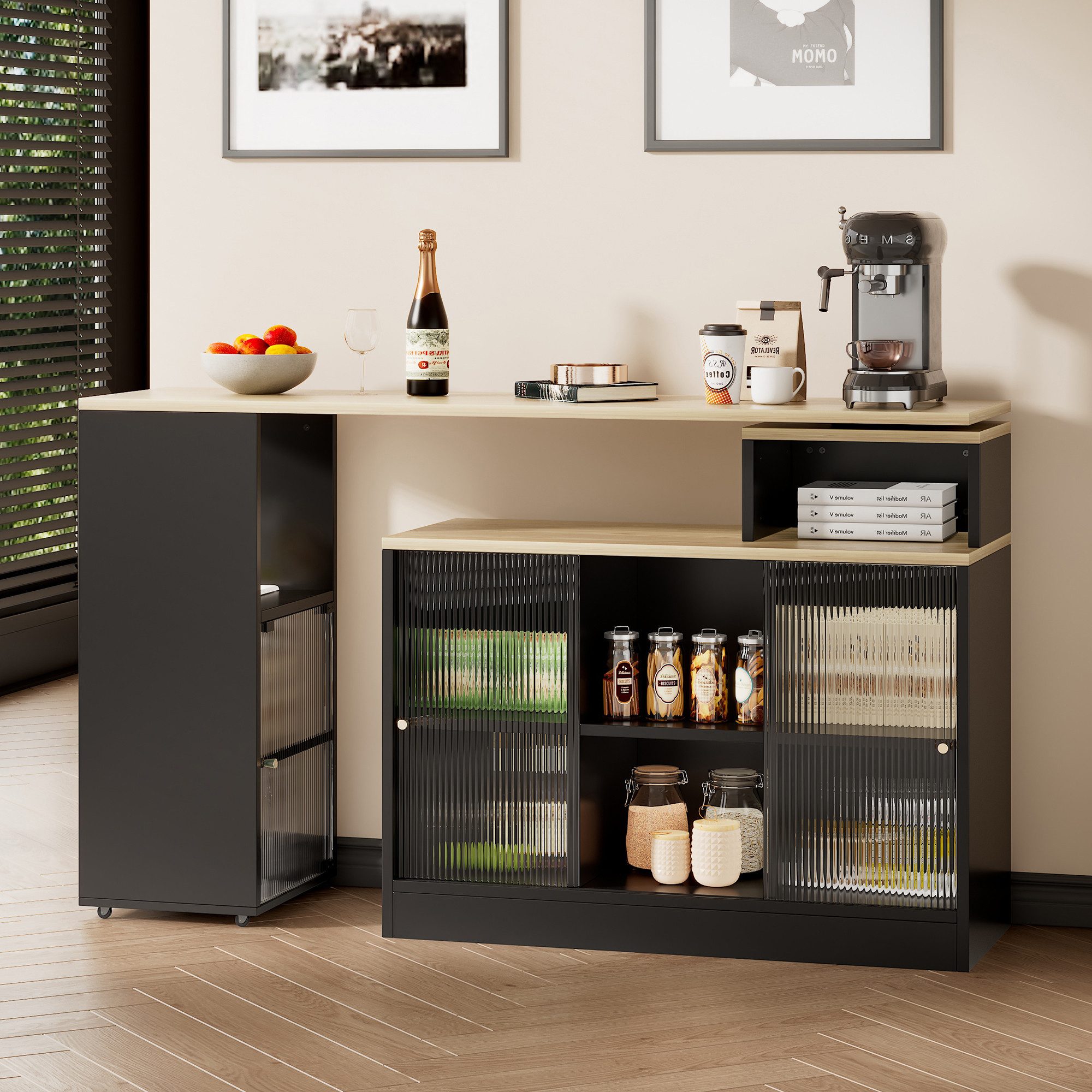 Flieks Bartisch mit Aufbewahrungsschrank (Set, 2-St., 360° drehbar, Bistrotisch mit Rollen und Glastüren), ausziehbar Esstisch mit Sideboard Stehtisch mit Stauraum Anricht