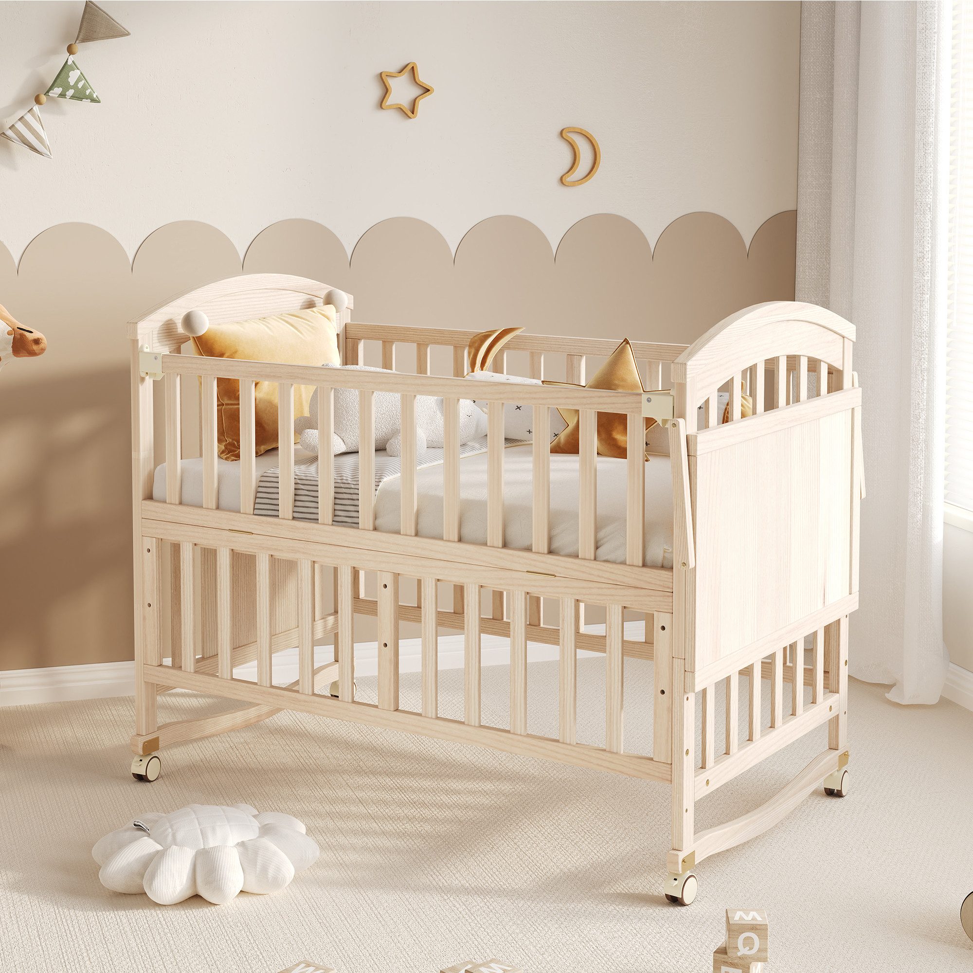 HAUSS SPOLE Babybett mit Wickeltisch,Holz-Babynetzbett Nebenbett mit klappbarem Ablagerack, als Nebenbett mit Roll aus massivem Kiefernholz