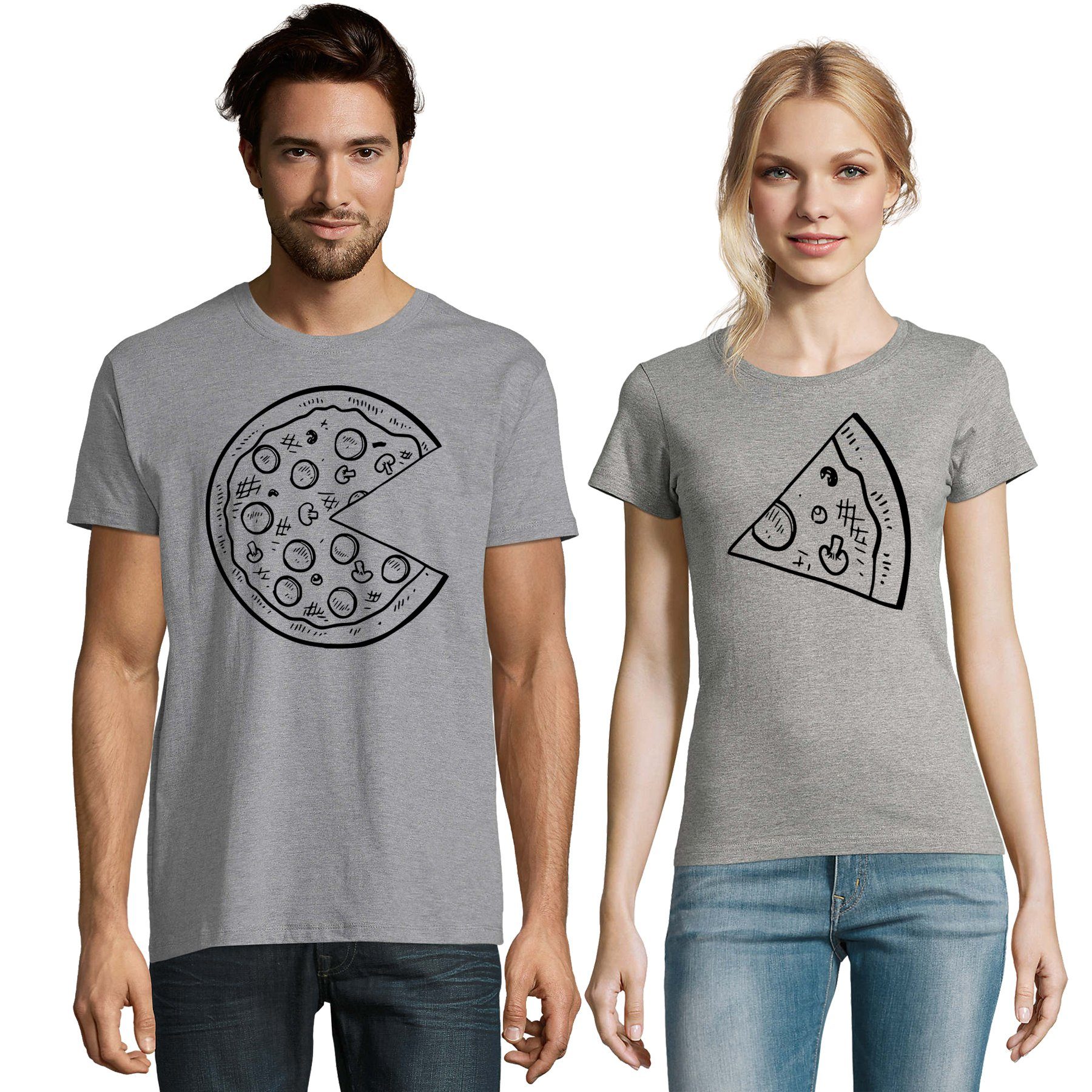 Blondie & Brownie T-Shirt Partner Pärchen Valentin Shirt Pizza Stück BFF Friends Damen Grau