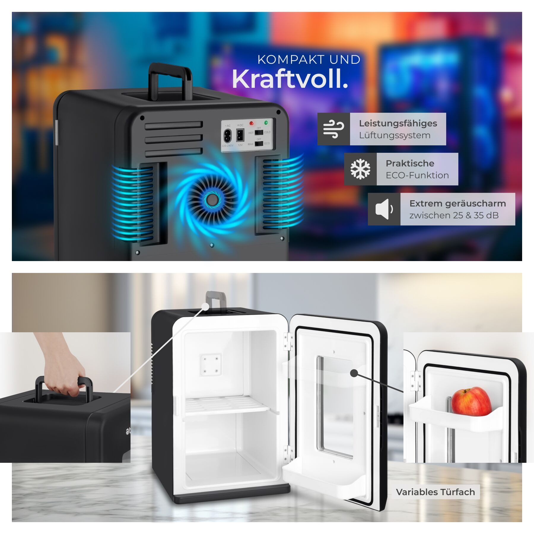 tectake Kühlbox Tragbarer 2 in 1 Mini-Kühlschrank, 27 x 31 x 41 cm, 14 l, leicht und leise, mit ECO-Modus und AC- und DC-Kabel – Bild 4 von 5