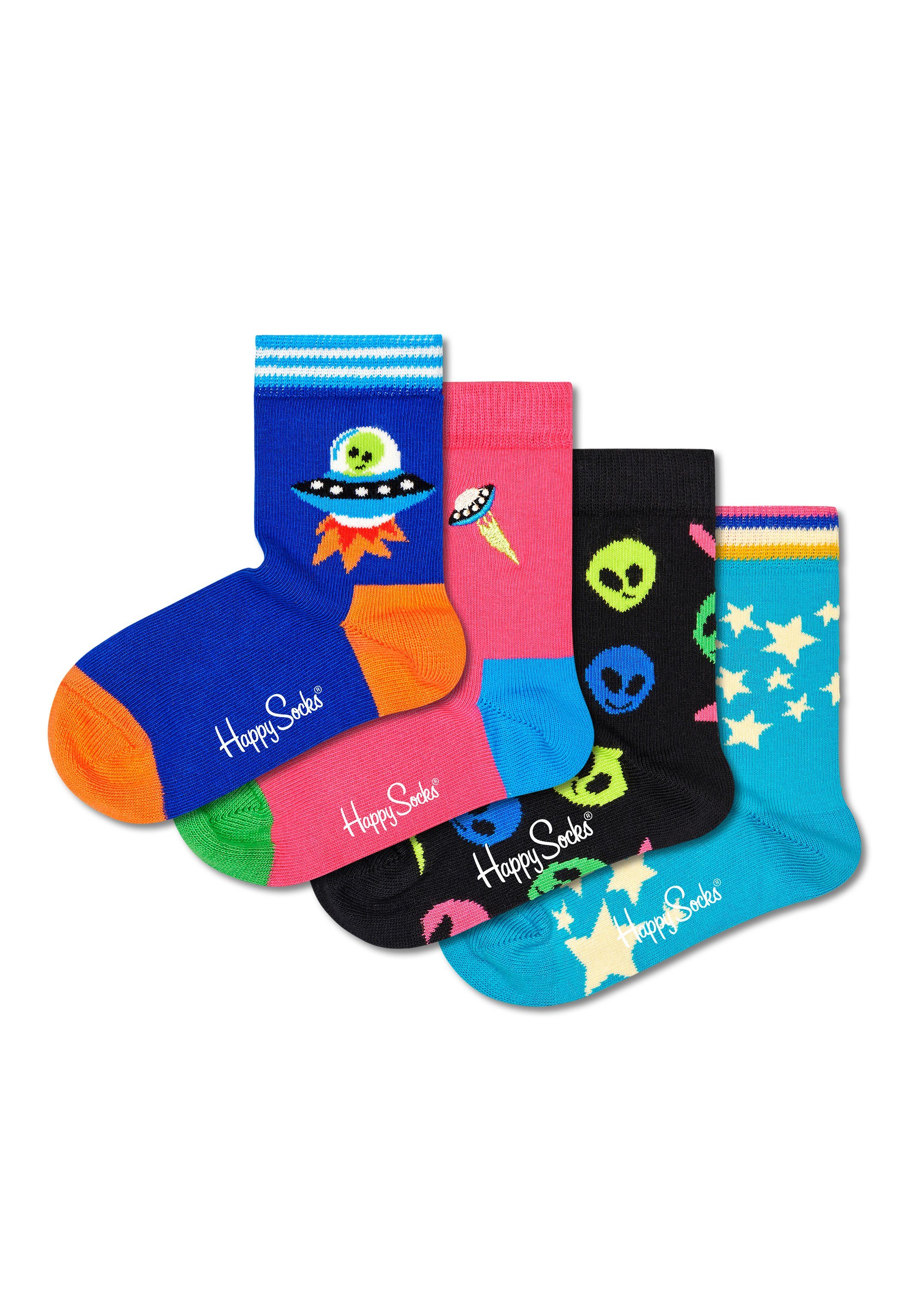 4 - (Spar-Set, Geschenkbox, Kids Space Paar Jedes Geschenk Socken 4-Paar) unterschiedliche bunte Farben Langsocken Happy Baumwolle in 4 Muster Socks Paar Paar Box Socken und einer zeigt -