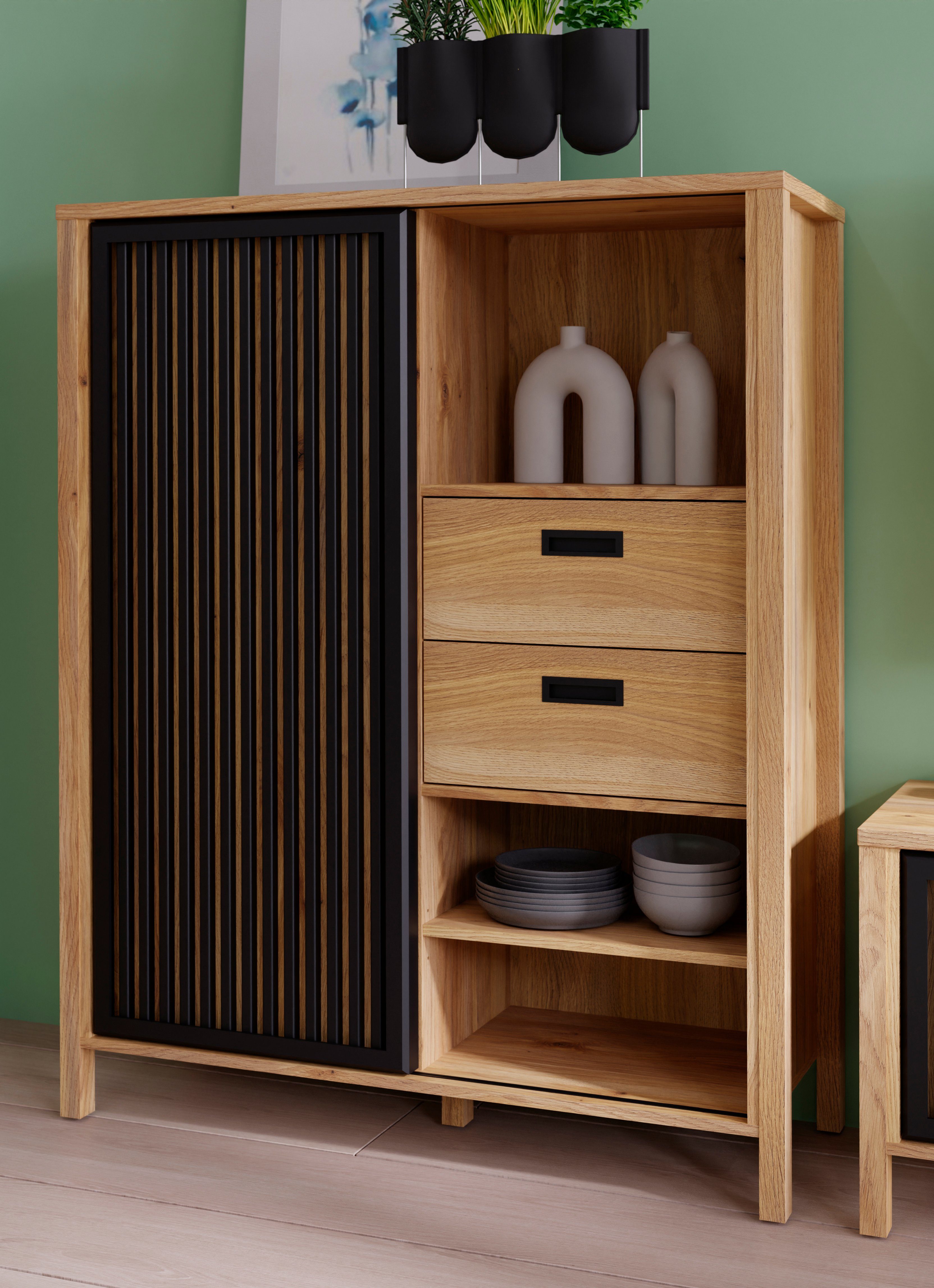FORTE Highboard Jytana, Breite 103,4 cm, Schiebetüre mit Lamellenoptik, Mauvella Eiche/Schwarz