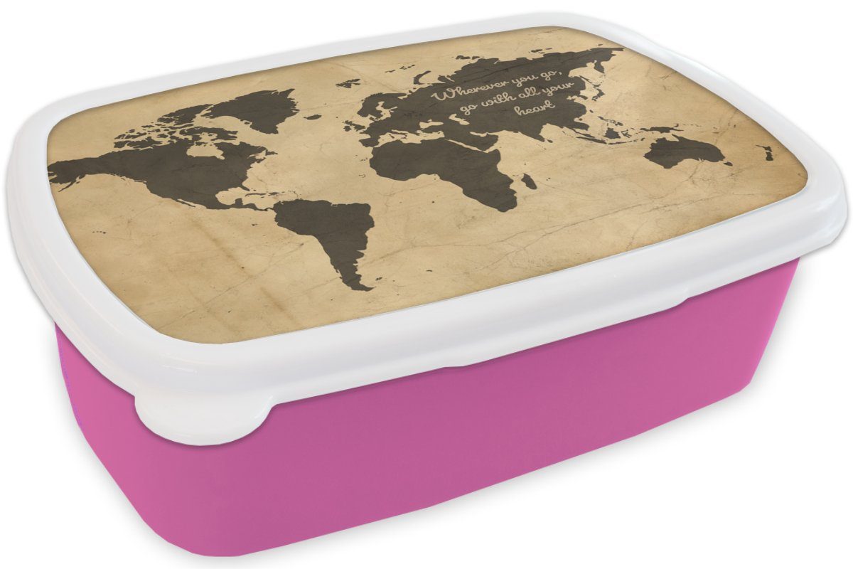 Snackbox, - Lunchbox Brotdose Weltkarte für Kunststoff, Mädchen, Vintage Kinder, - Kunststoff MuchoWow rosa Erwachsene, Zitat, (2-tlg), Brotbox