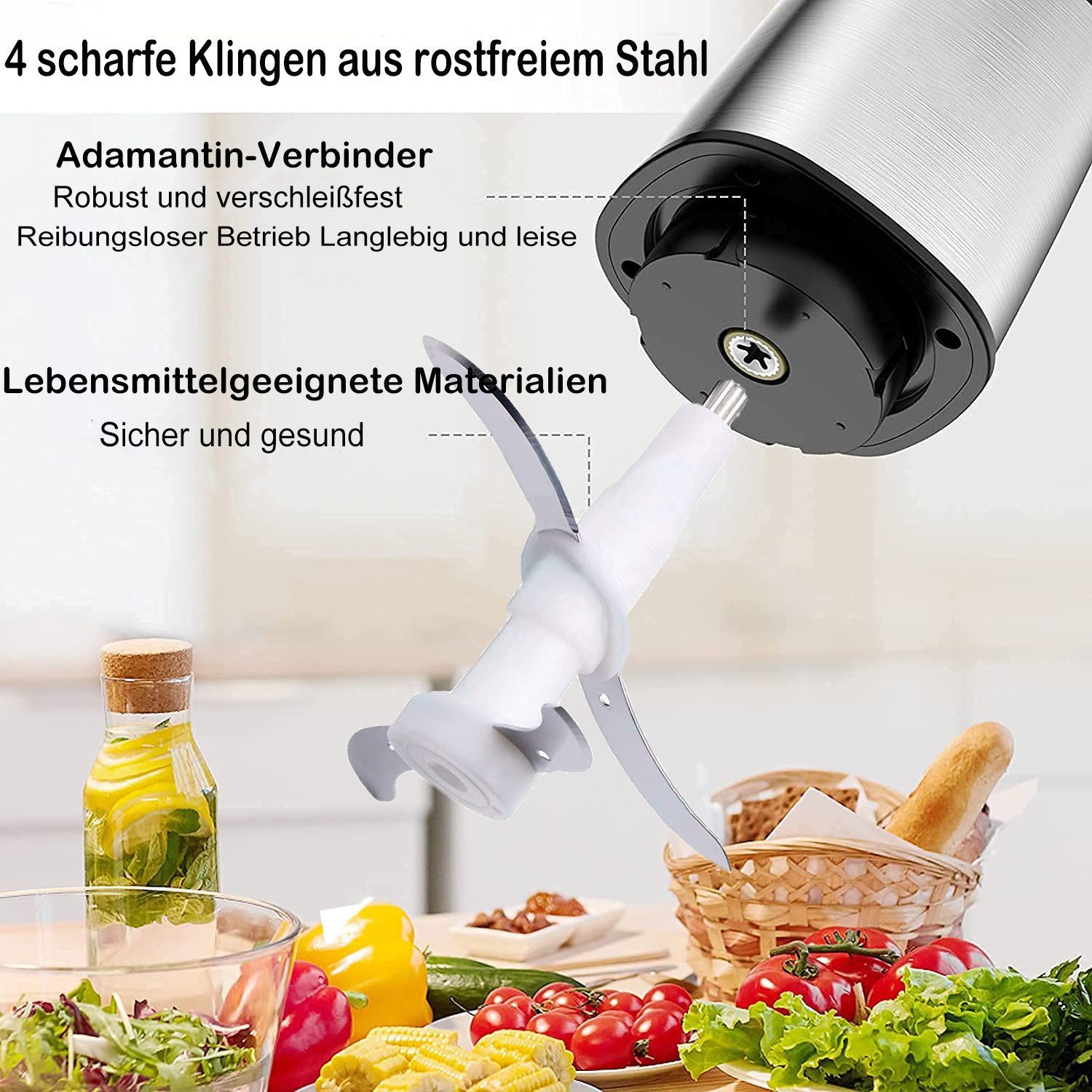 wohnTRAUM24 Zerkleinerer Zerkleinerer Küche Elektrisch mit 2L Edelstahlschüssel und 4 Klingen, Multizerkleinerer mit 3 Geschwindigkeitsstufen,für Fleisch,Obst,Gemüse