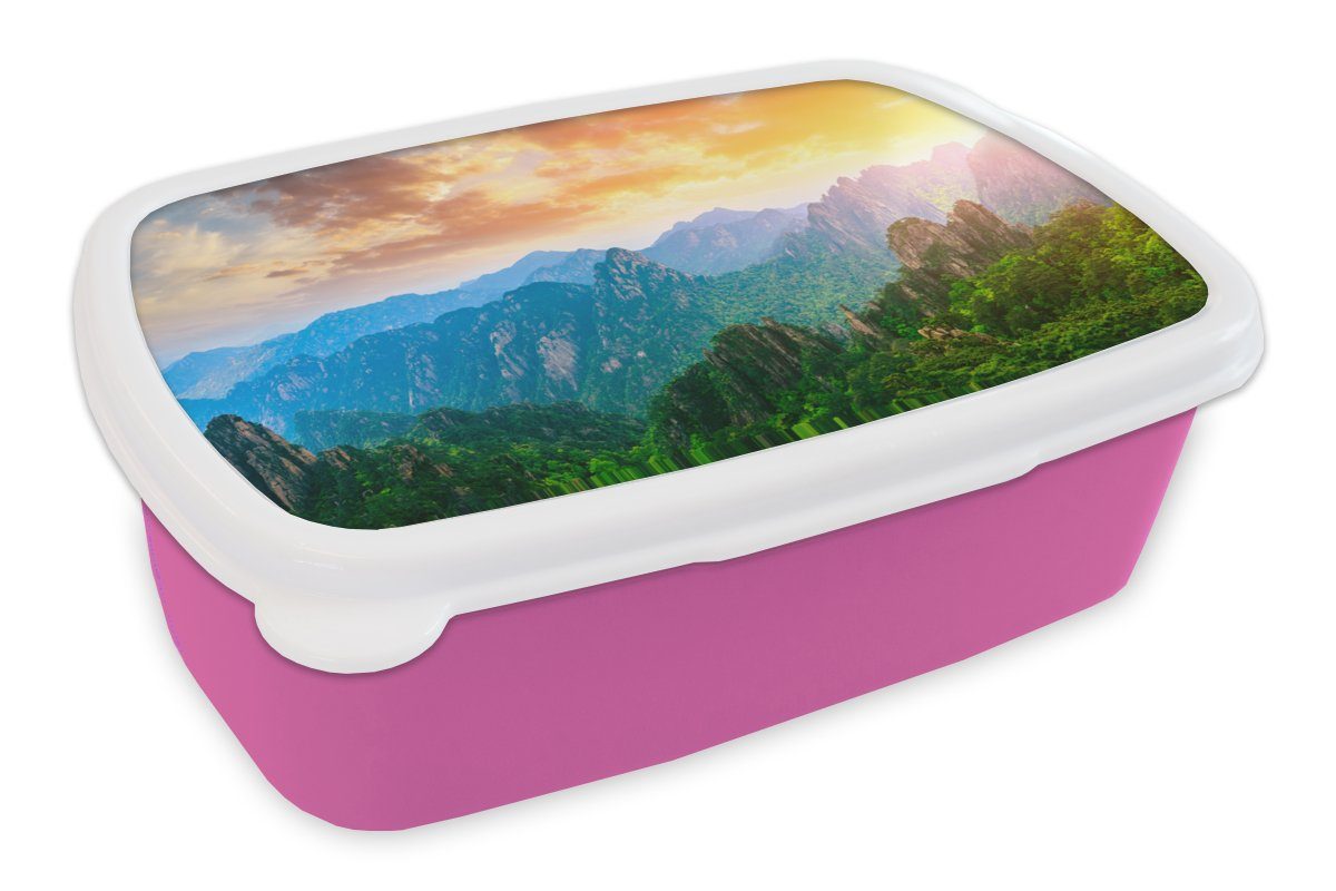 MuchoWow Lunchbox Kinder, Natur, Berge Mädchen, Kunststoff Kunststoff, für - Erwachsene, - Snackbox, - Sonnenuntergang Bäume Brotbox (2-tlg), Brotdose rosa
