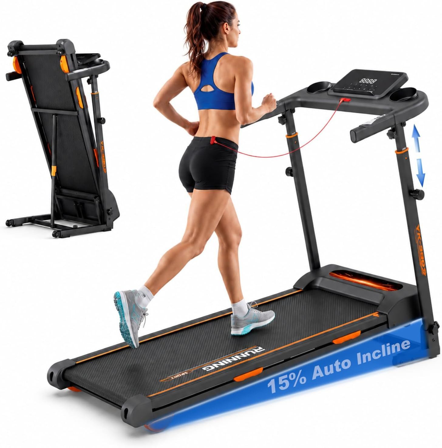 ANYSUN Laufband Kompaktes Laufband für Zuhause mit automatischer 15%-Steigung (Pulsmesser, Smart-App,Lautsprecher, LED-Display, einfach zusammenklappbar), Platzsparend & Klappbar – Ideal für Homegym & kleine Räume