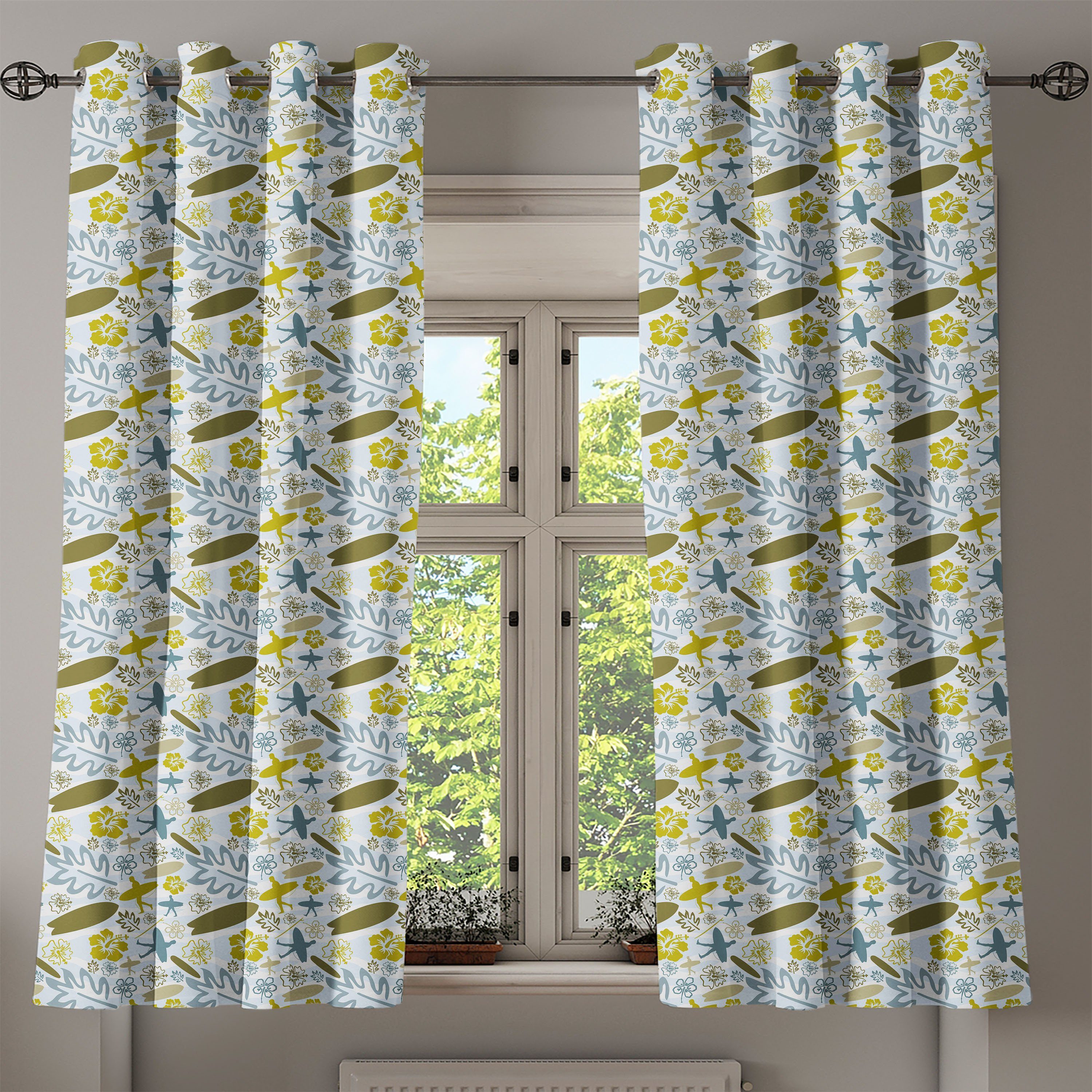 Dekorative Schlafzimmer für Wohnzimmer, Abakuhaus, 2-Panel-Fenstervorhänge Sommer-Surfer Gardine Pflanzen und Luau