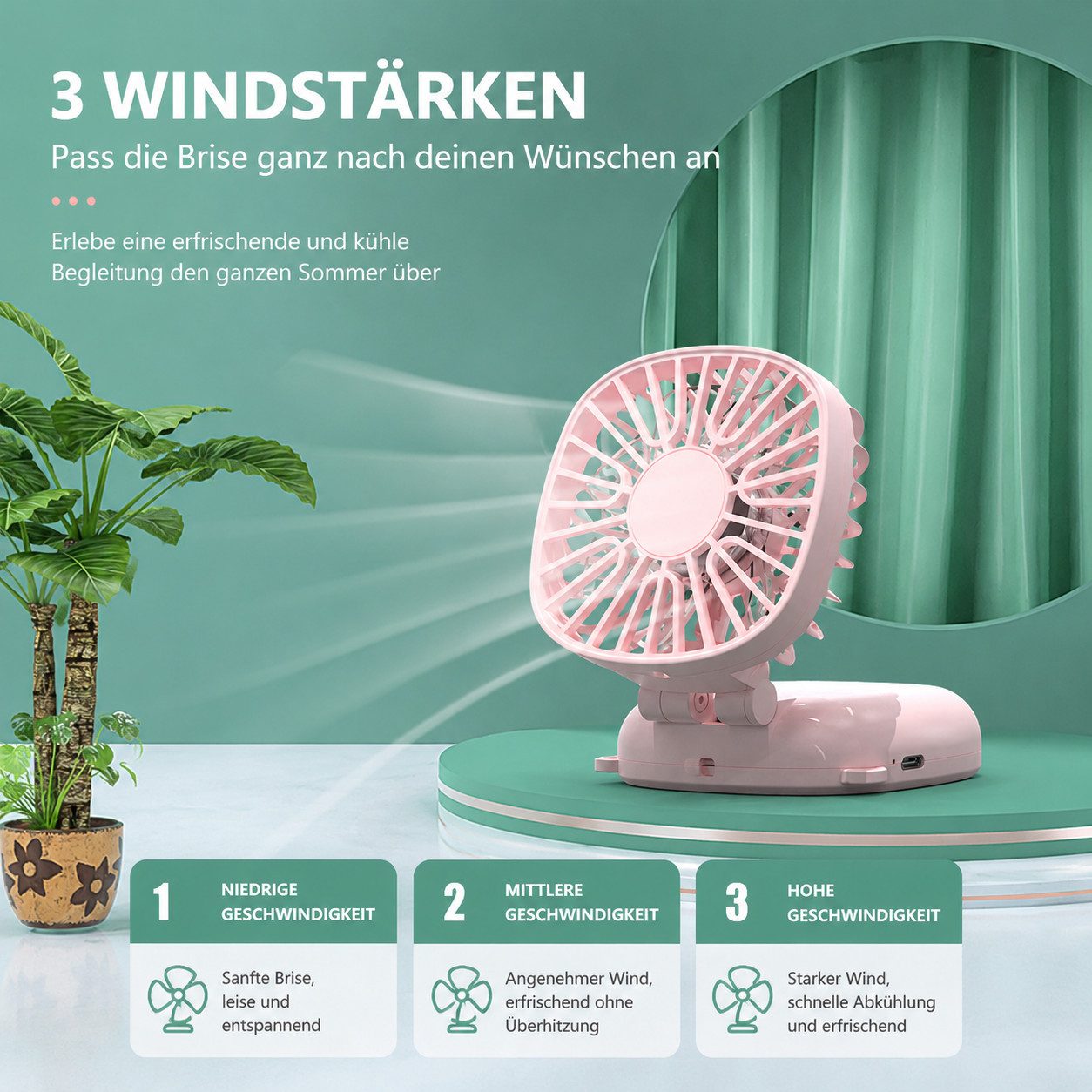 nsihing Handventilator Handventilator 3-in-1, Tragbarer Klappbarer Ventilator, 3 Windstufen, Leicht, Kompakt & Wiederaufladbar