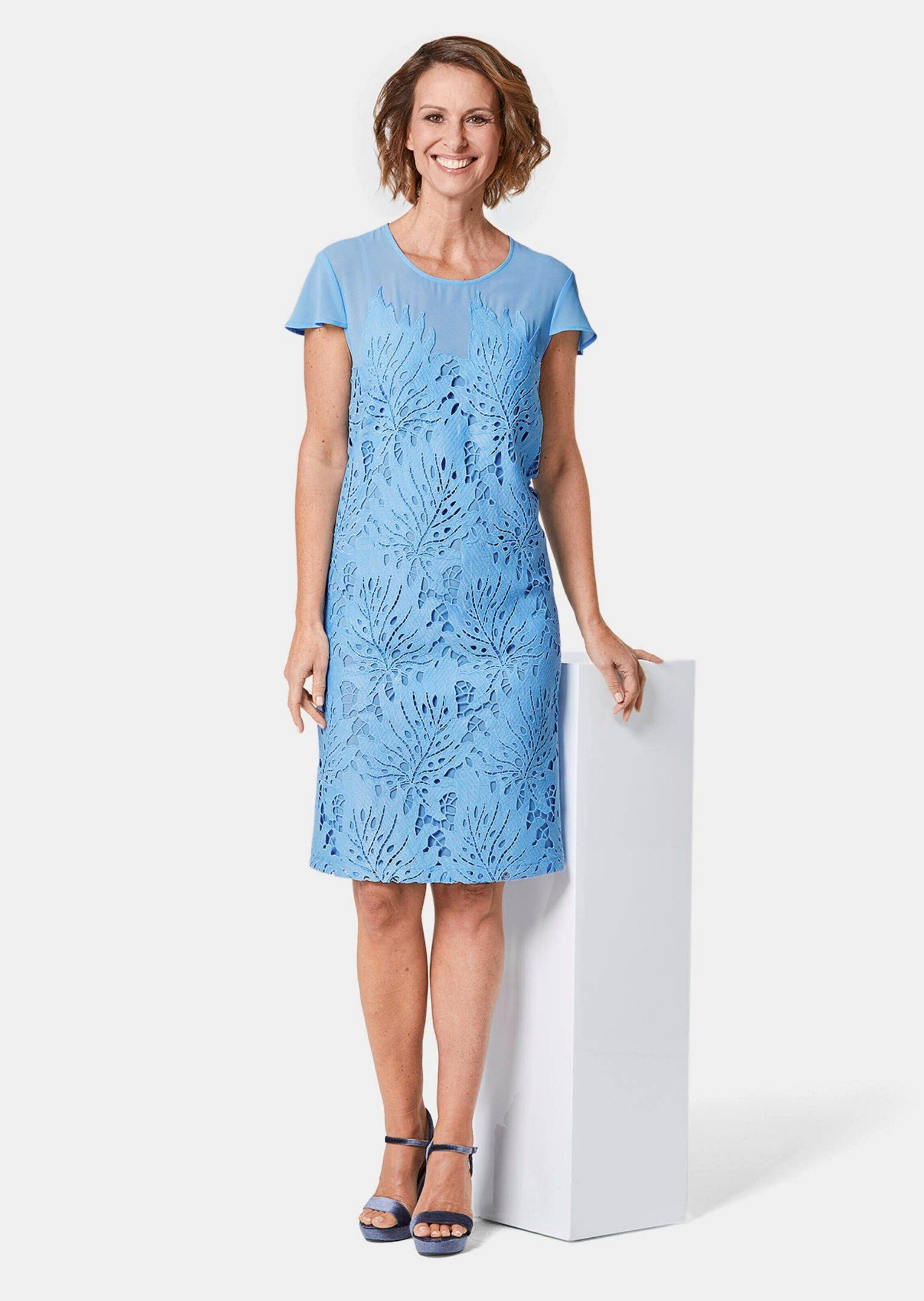 GOLDNER Abendkleid Kurzgröße: Spitzenkleid aus Chiffon, Flügelärmeln Blätteroptik und Rundhalsausschnitt als Blickfang – Bild 4 von 5