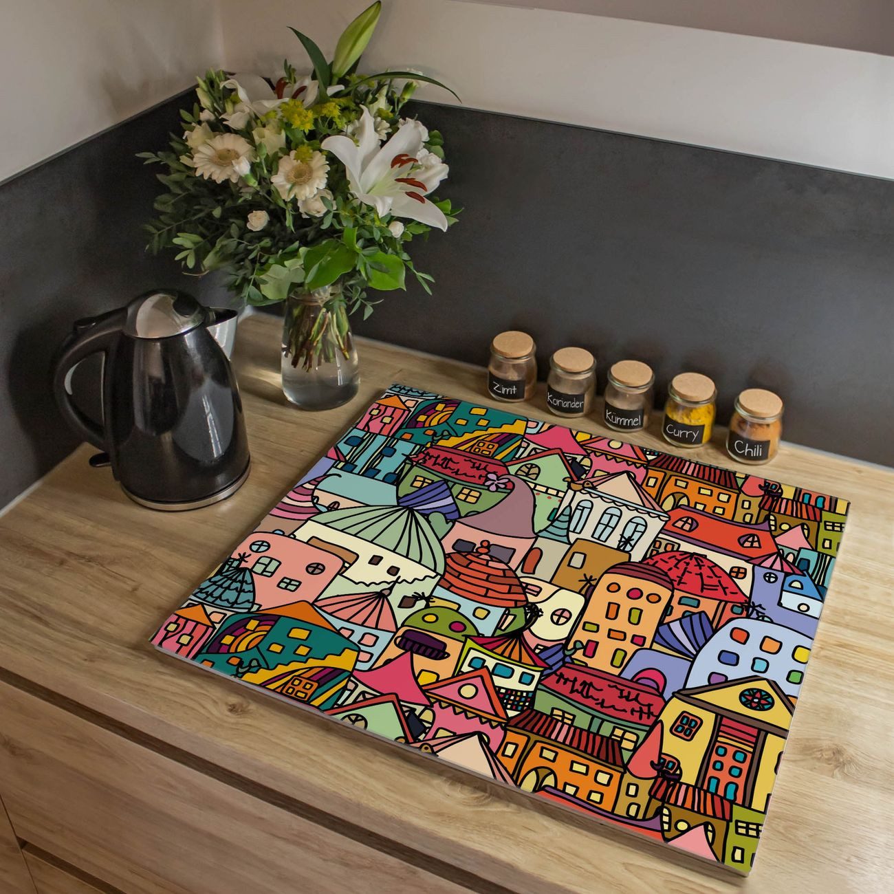 banjado Herd-Abdeckplatte einteilig aus Glas mit Motiv Funky Town, (gehärtet, 1 tlg., inkl. selbstklebende Gummifüßchen)
