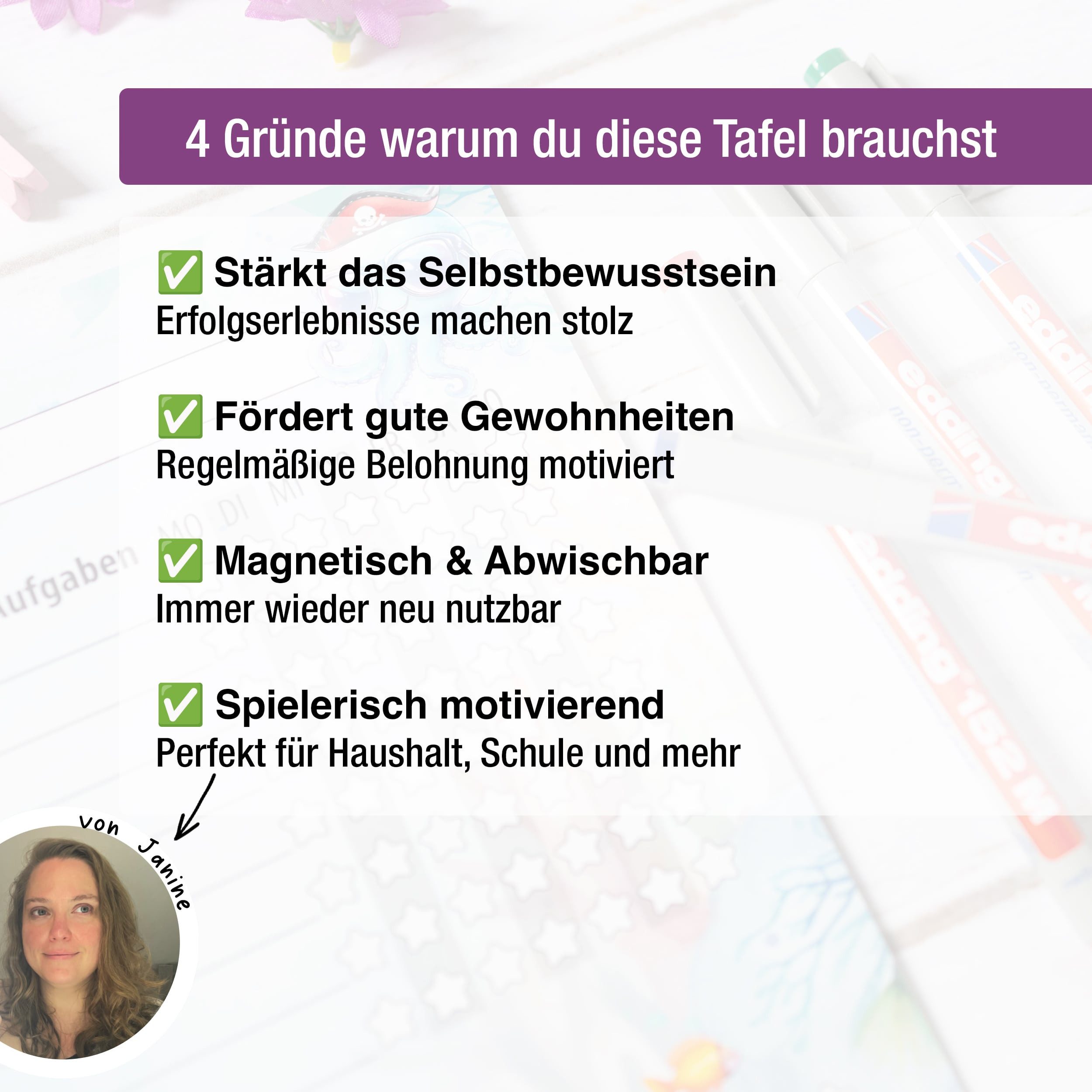 TOBJA Magnettafel Magnetische Belohnungstafel XL 2 Kinder Meerjungfrau 4Stifte, Routine Planer Kinder 30x30 cm, abwischbar