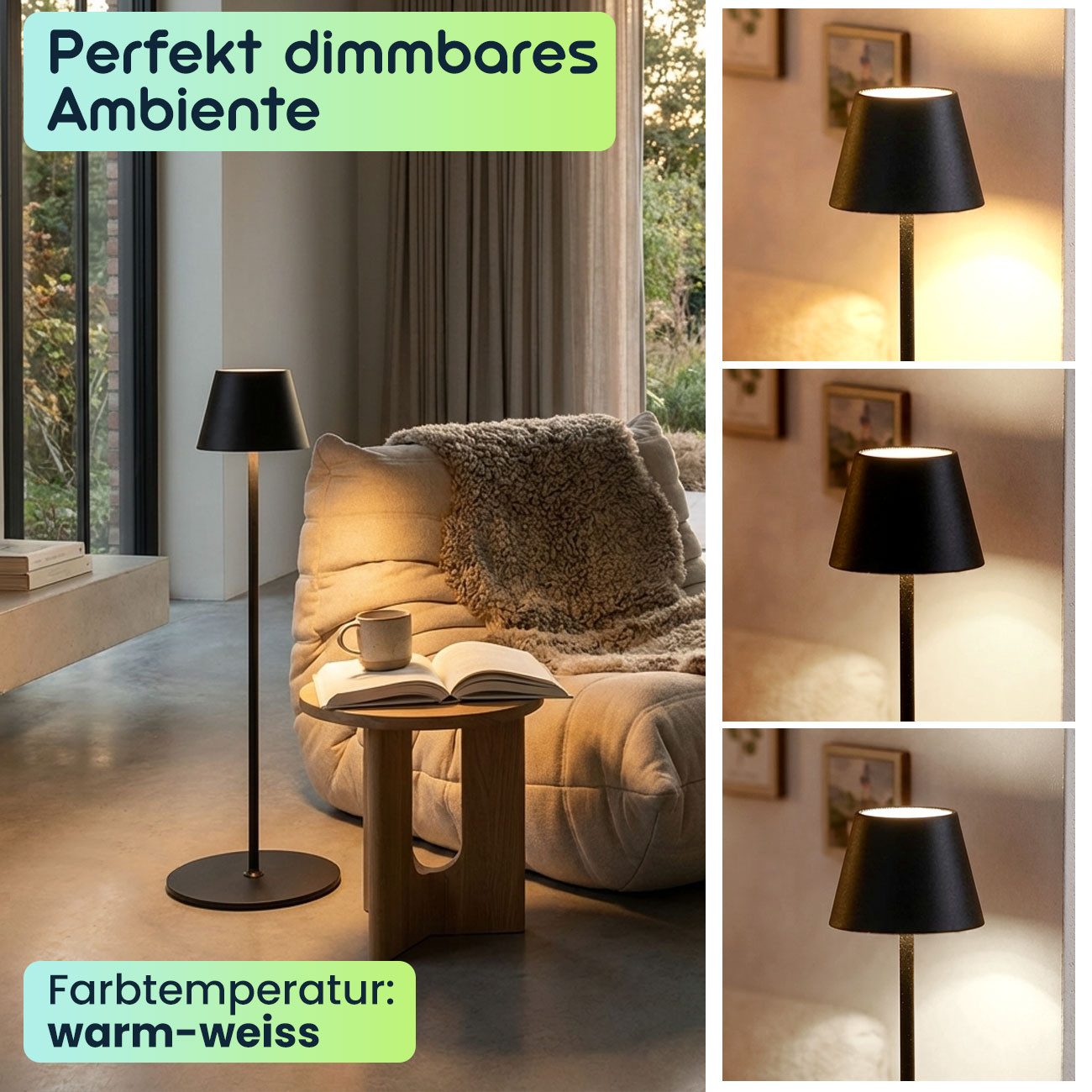shop'n smile ideoon LED Stehlampe 4W Dimmbare Stehlampe Höhenverstellbar 50/90/130cm Akkubetrieb IP54, LED, (2700K) warmweiß, ca. 10 Std. Akkulaufzeit, 2700K LED-Licht, Lampenkopf Ø14 cm x H10 cm