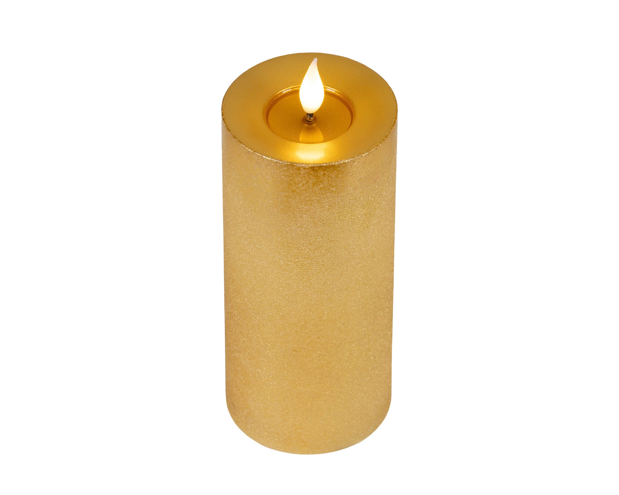 Lumineo LED-Kerze, Timer, warmweiß, LED Kerze 7,5x20cm mit Timer Wachs Flacker-Effekt Gold / Warmweiß