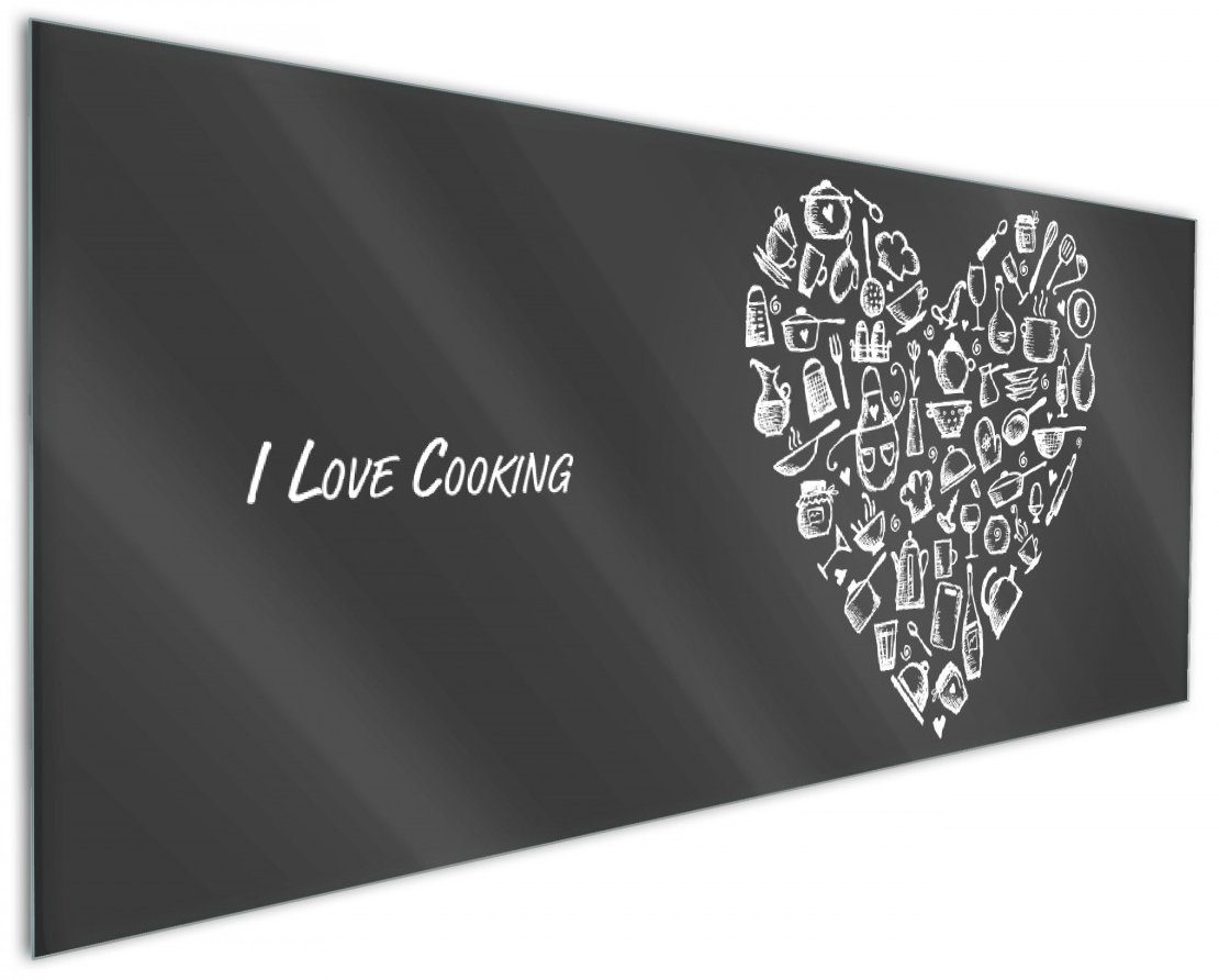 Wallario Küchenrückwand I Love Cooking - Herz aus Küchenutensilien in schwarz weiß, (1-tlg)