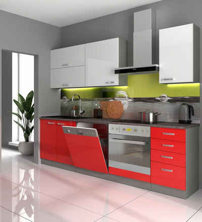 Küchen-Preisbombe Küchenzeile Bianca Basic V 240 cm Rot + Weiß Küchenblock Einbauküche Küche