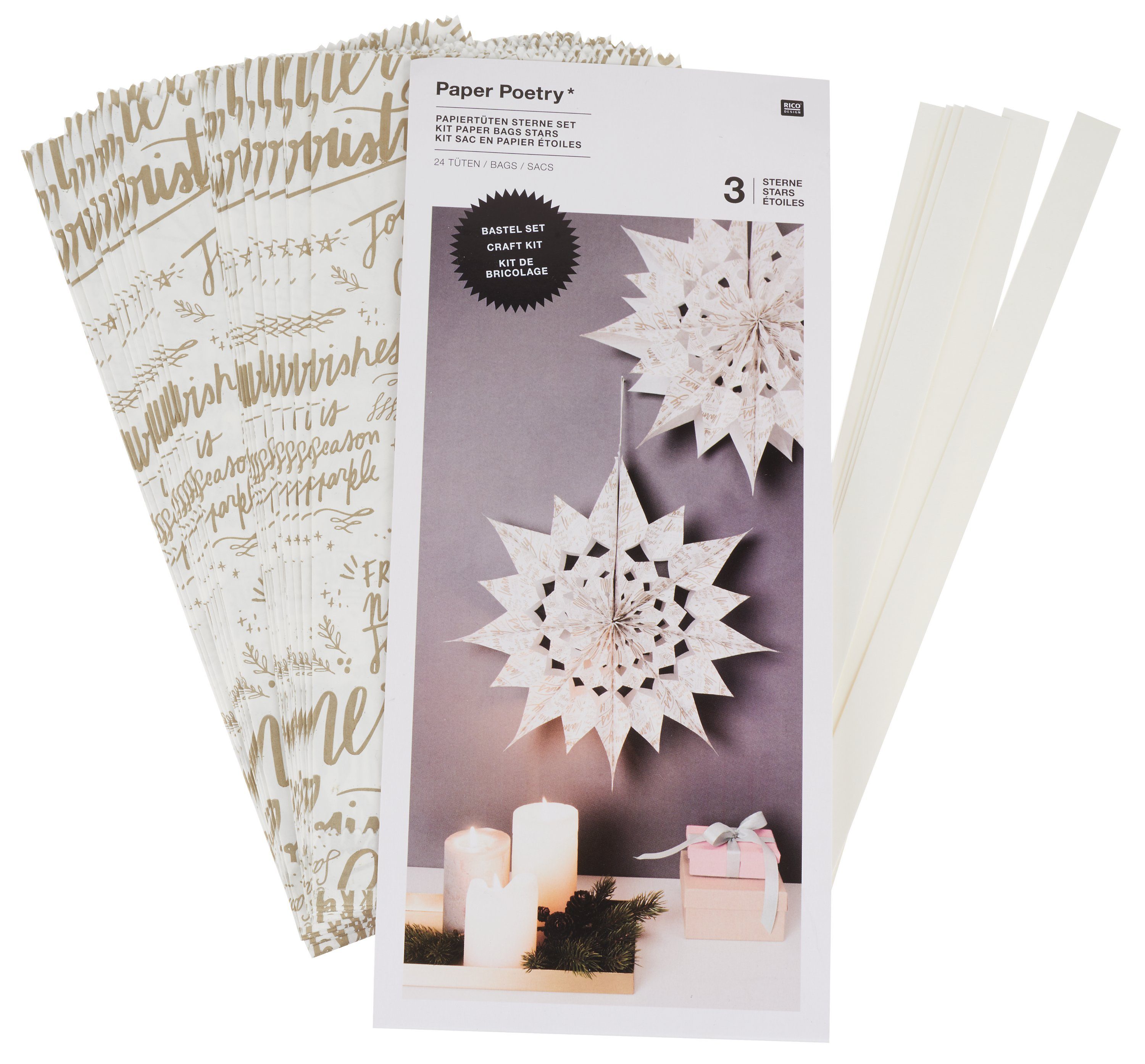 Rico Design Papierdekoration Papiertüten Sterne-Set Merry Christmas groß Weiß, 30 Teile | Partydekoration
