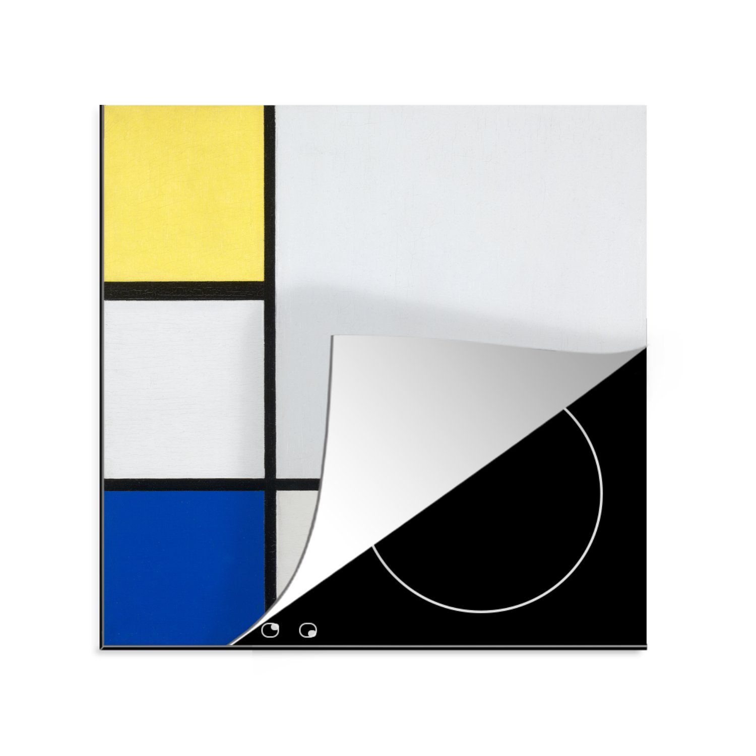 MuchoWow Herdblende-/Abdeckplatte Komposition mit Gelb, Ceranfeldabdeckung, und 78x78 Blau Piet für cm, Schwarz Arbeitsplatte tlg), - Mondrian, Vinyl, küche (1