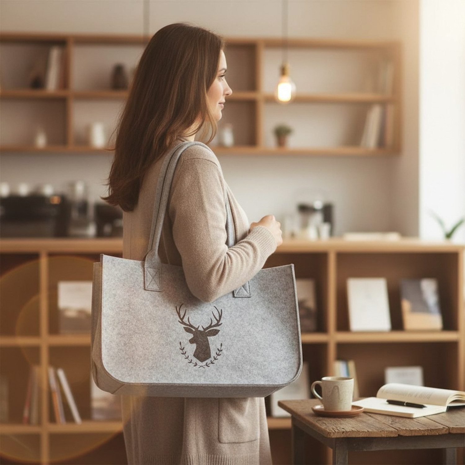 meberg Freizeittasche Filztasche Hirsch Hellgrau od. Dunkelgrau Damen groß (Shopper modern, 1-tlg., Aufbewahrungstasche Einkaufstasche), Tasche Filz Grau Hirschmotiv