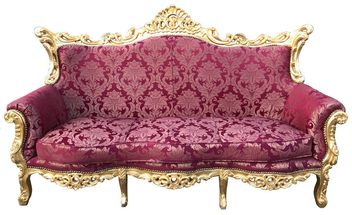 Wohnzimmer Sofa - Gold / 3-Sitzer Padrino Barock Möbel Casa Lounge Bordeaux Couch Rot 3er Muster