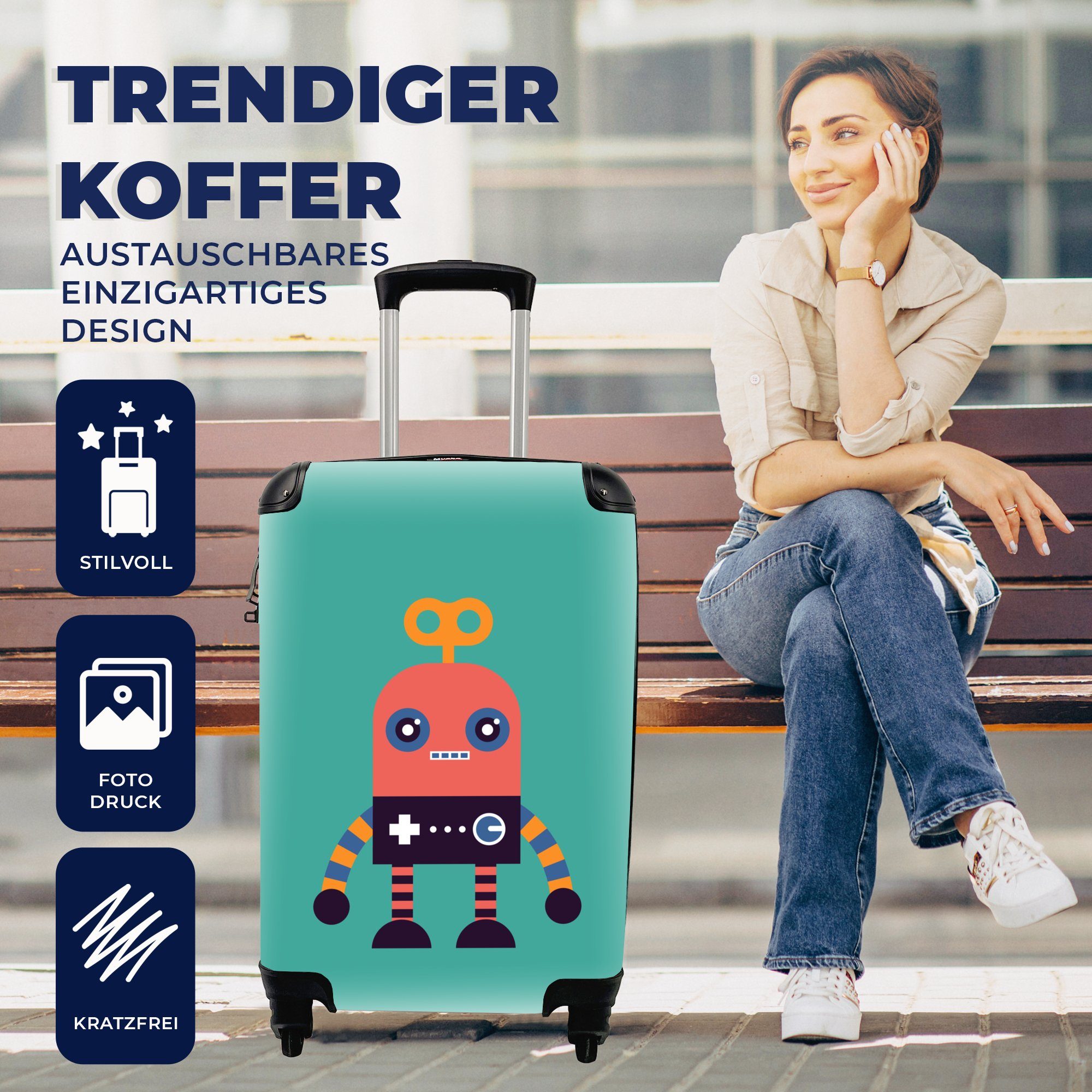 - Reisetasche Rosa Jungen - für Handgepäckkoffer Trolley, 4 Spielzeug Rollen, Handgepäck - Roboter Reisekoffer - Gesicht rollen, - Kinder, Ferien, mit MuchoWow