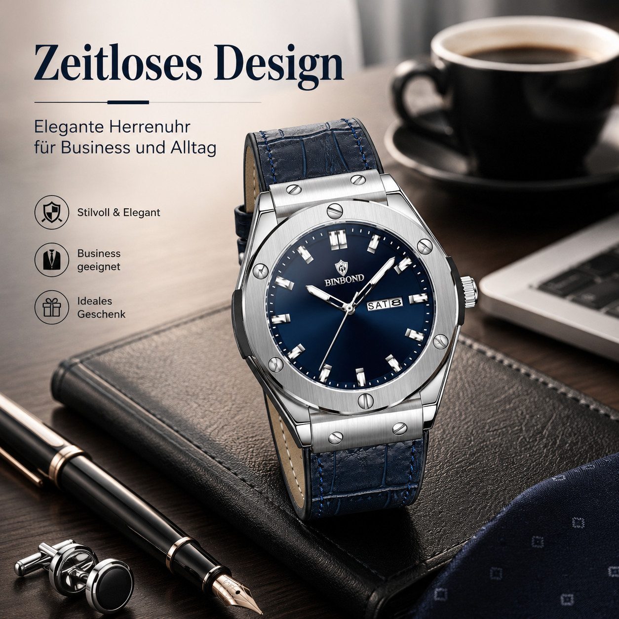 Forrlite Quarzuhr Herren Quarzuhr mit Datum und Wochentag, (42 mm Edelstahlgehäuse, Echtlederarmband, gehärtetes Mineralglas), 3 ATM wasserdicht, Business Armbanduhr