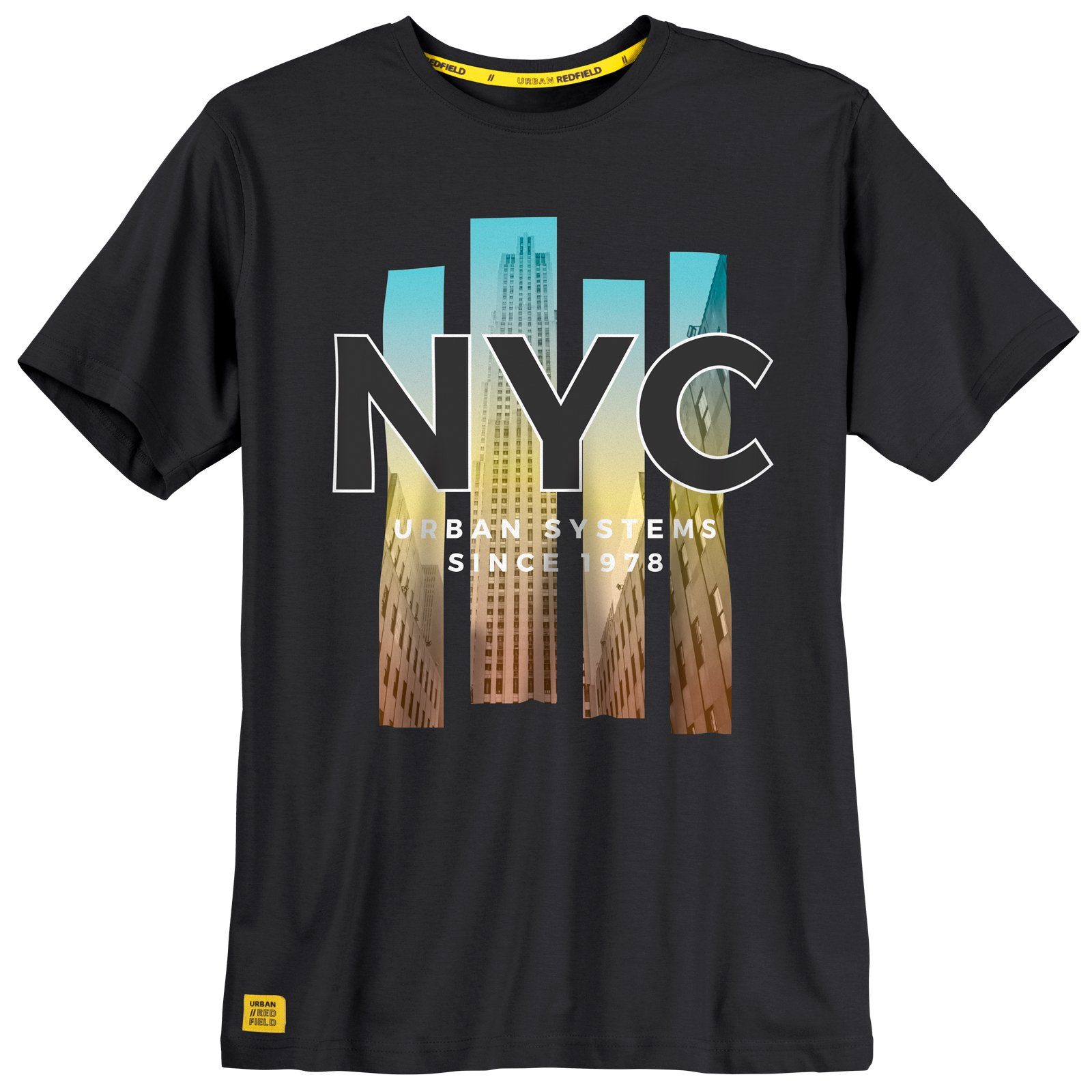 Herren Größen Rundhalsshirt Redfield NYC Fotoprint redfield Große T-Shirt schwarz