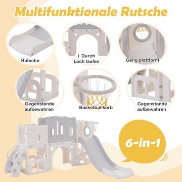 Merax Rutsche für Kinder, 6-in-1 Kinder Spielplatz, Spielrutsche, Spielturm mit Kletterleiter, Tunnel und Basketballkorb