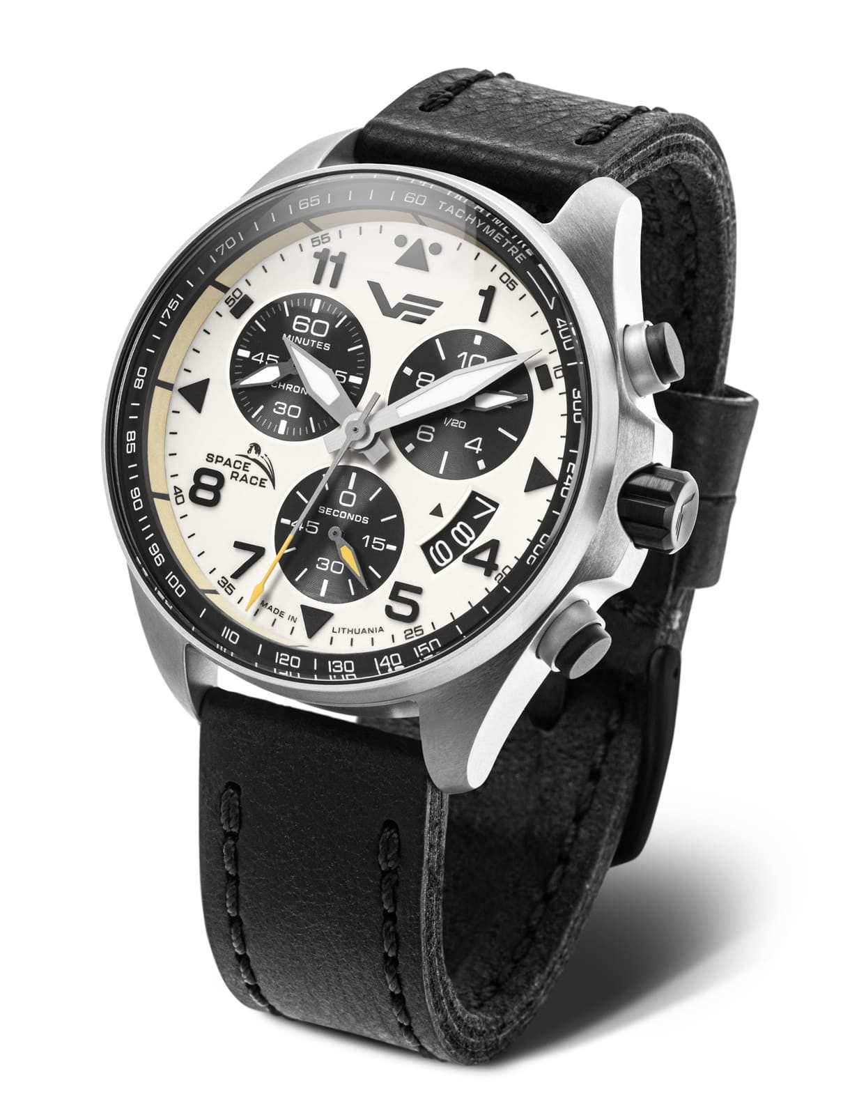 Vostok Europe Chronograph Space Race 325A743-L, 46 mm – Herrenuhr mit altweißem Zifferblatt, & Lederband im Retro-Design