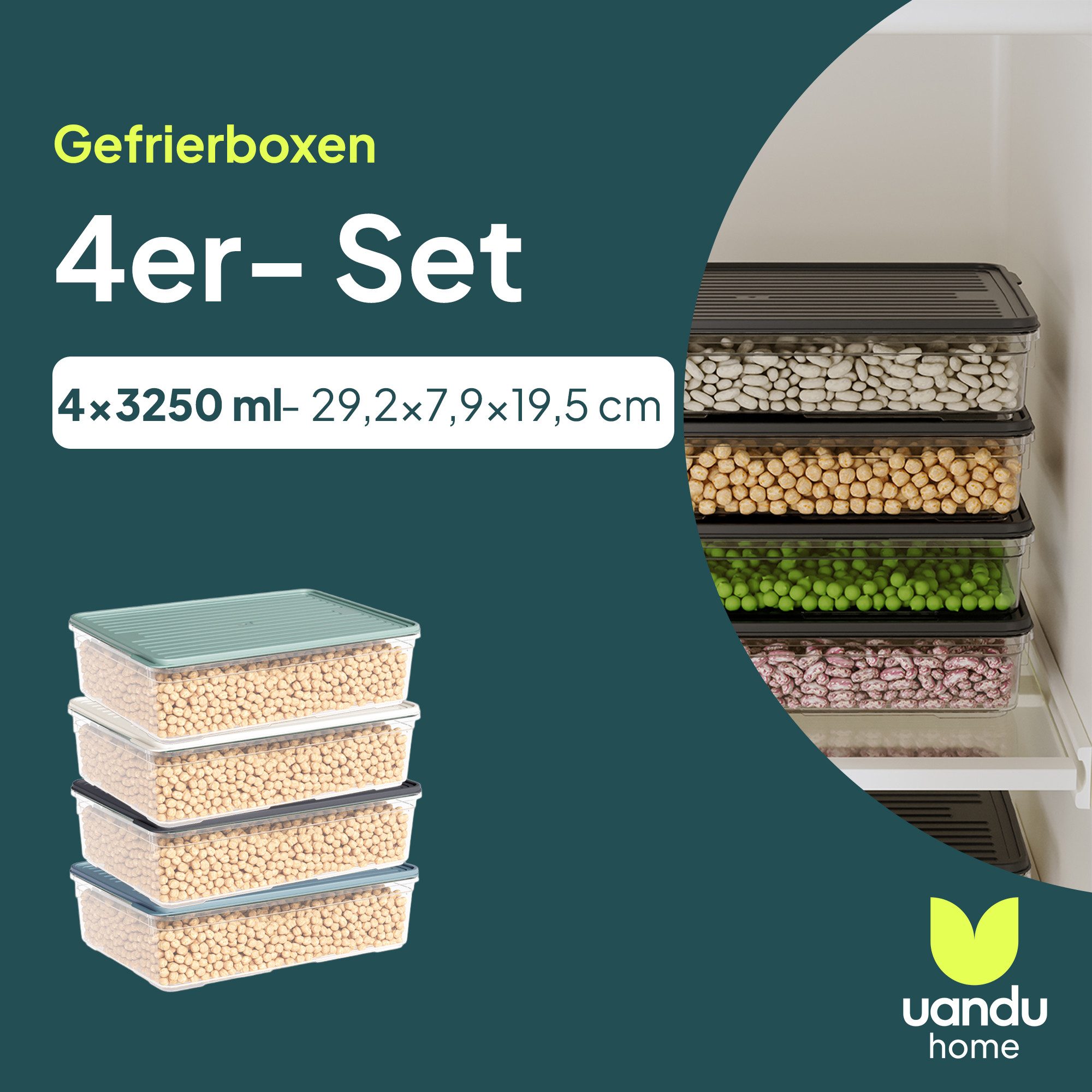 uandu home Frischhaltedose Gefrierbox Set, Frischhaltedosen mit Deckel - 4er Set, BPA-frei, (Deli Container, Gefrierbehälter, Gefrierboxen Organizer), Kühlschrank Organizer, Gefrierschrank Organizer, Gefrierdosen