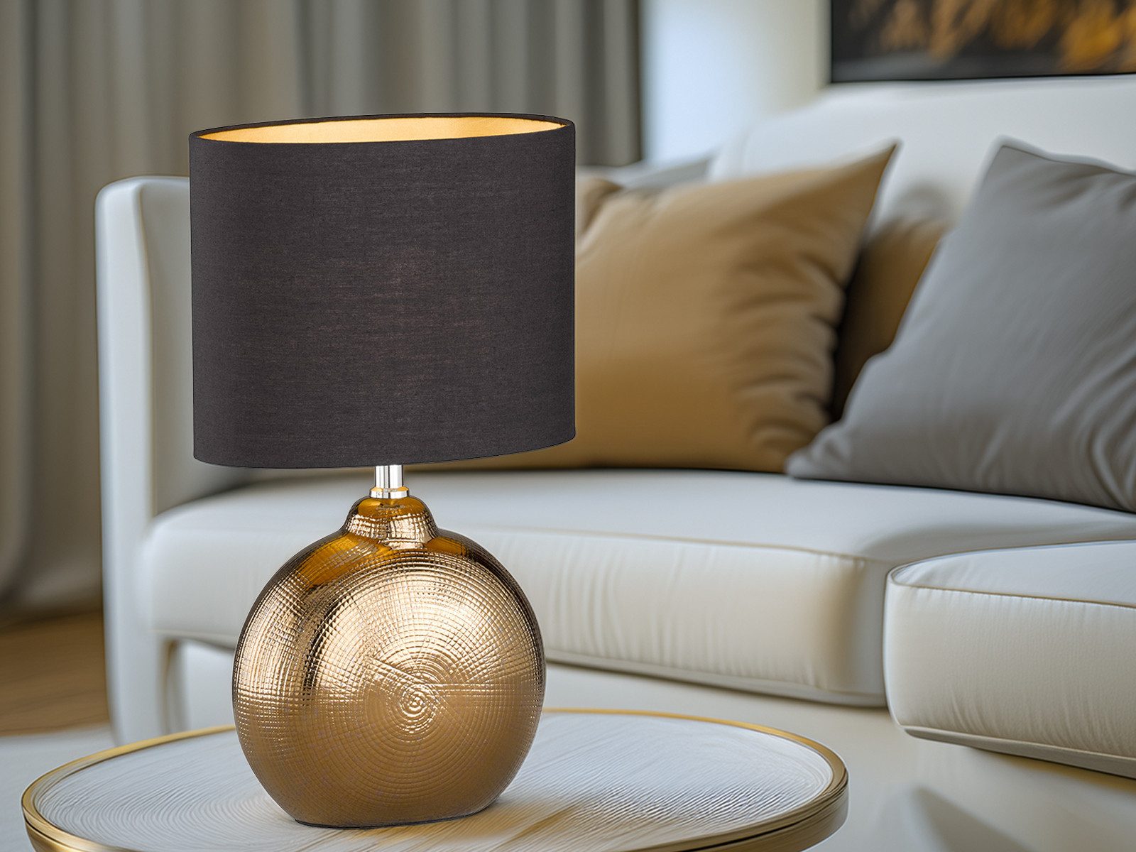 FISCHER & HONSEL LED Nachttischlampe, LED wechselbar, Warmweiß, Lampen-Fuß Keramik Bronze, Lampenschirm oval Schwarz Gold, 39cm klein