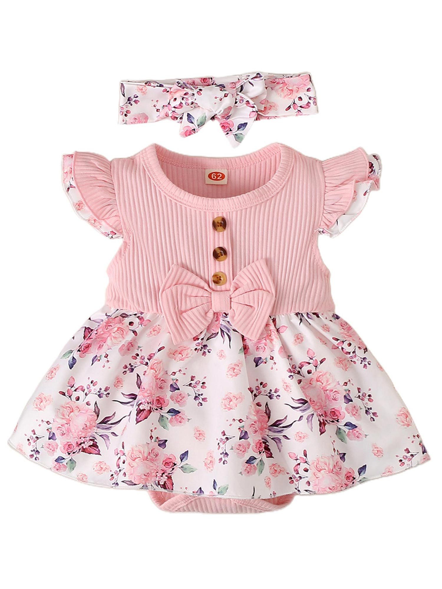 Gluckids Strampler Neugeborenes Kurzarm Blumen Strampler Outfits Baby Mädchen Body-Klied (Strampler + Stirnband Sets), 2-tlg) Sommer Overall Babykleidung Säugling Rüschen Strampler-Kleid+Stirnband
