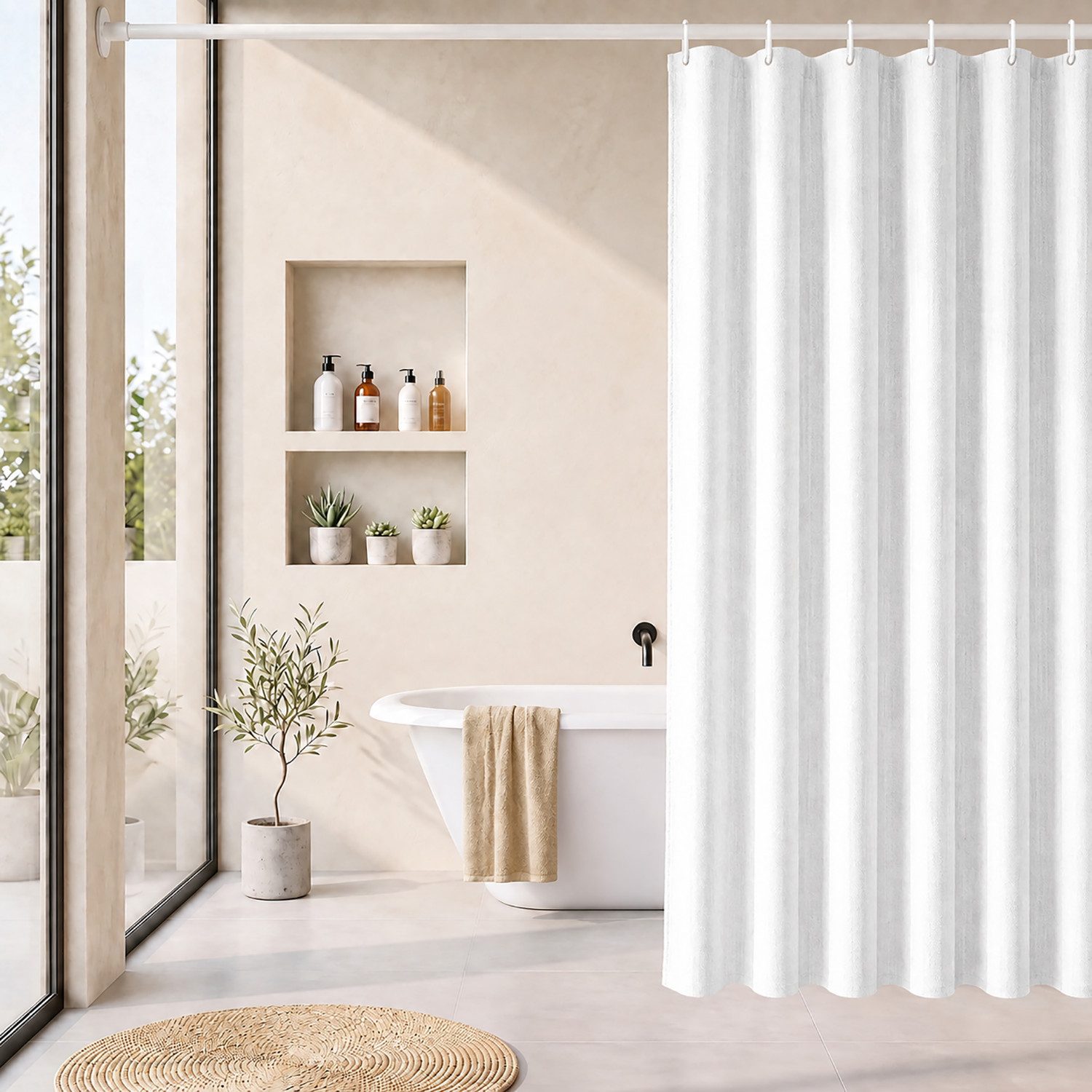 Sekey Duschvorhang Textil Duschvorhang Wannenvorhang Waschbar wasserabweisend mit Ringe Breite 90 cm (Packung, inkl. 8 Ringe), Badewannenvorh, 100% Polyester, Leinenoptik 90x180cm Weiß