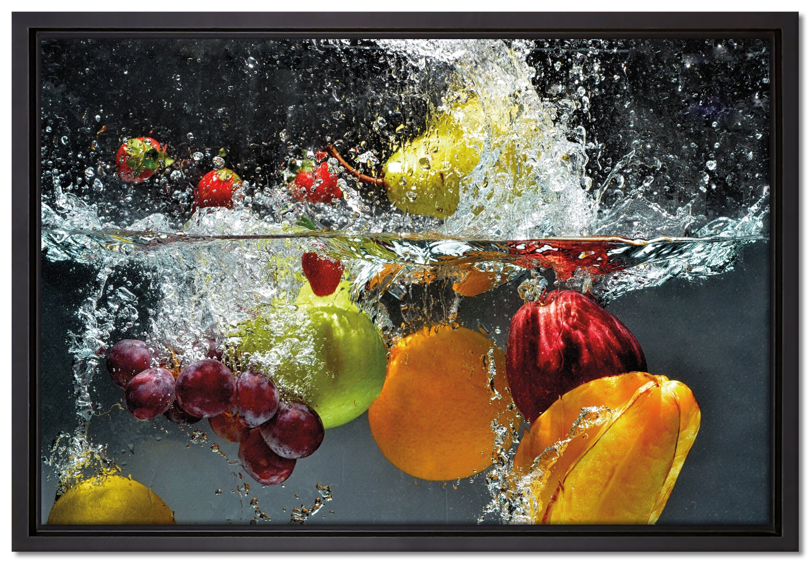 Pixxprint Leinwandbild Früchte fallen ins Wasser, Wanddekoration (1 St), Leinwandbild fertig bespannt, in einem Schattenfugen-Bilderrahmen gefasst, inkl. Zackenaufhänger