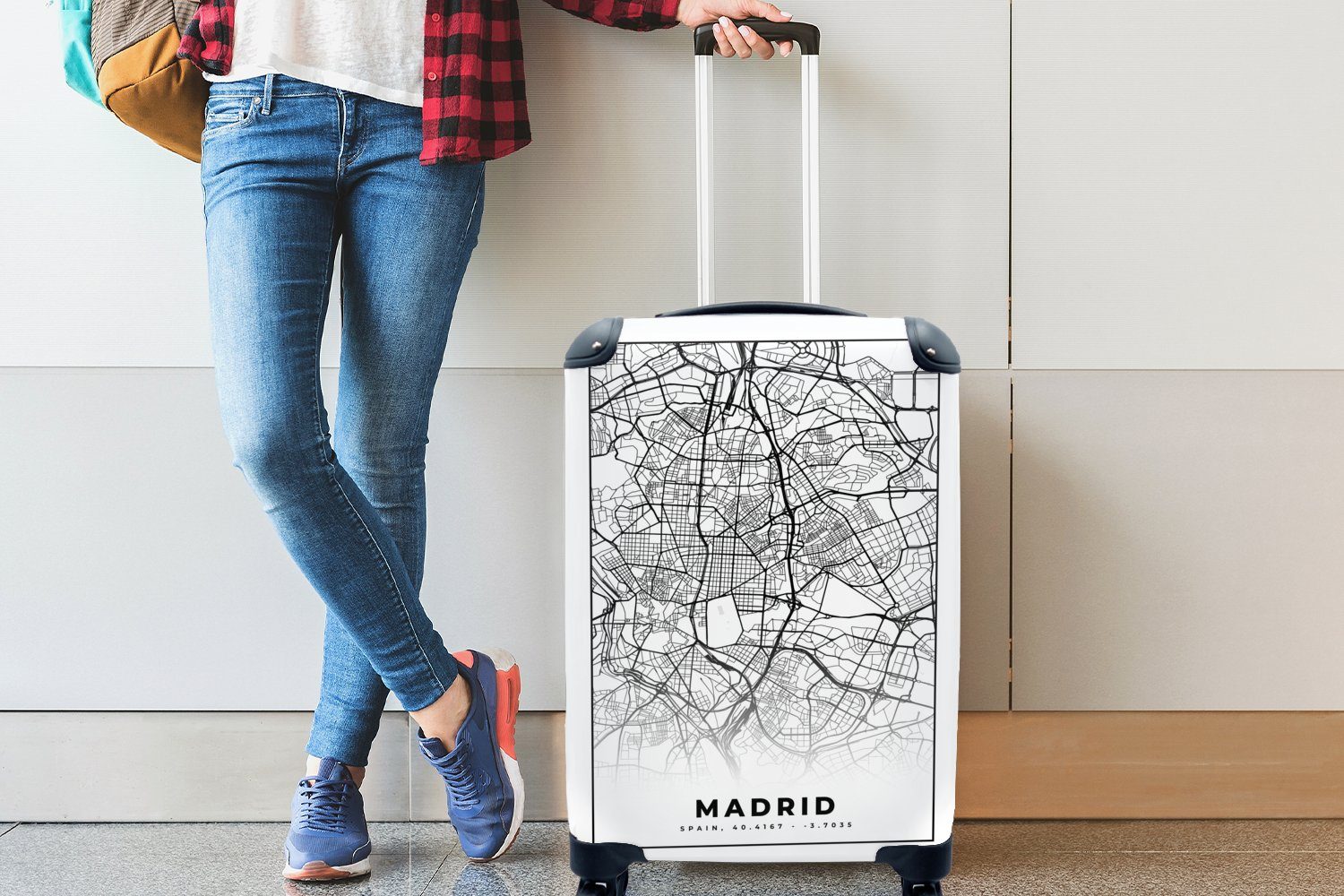 für Handgepäckkoffer 4 - Ferien, Madrid Trolley, - - Karte, MuchoWow Rollen, rollen, weiß Handgepäck Stadtplan Reisetasche mit und Reisekoffer Schwarz