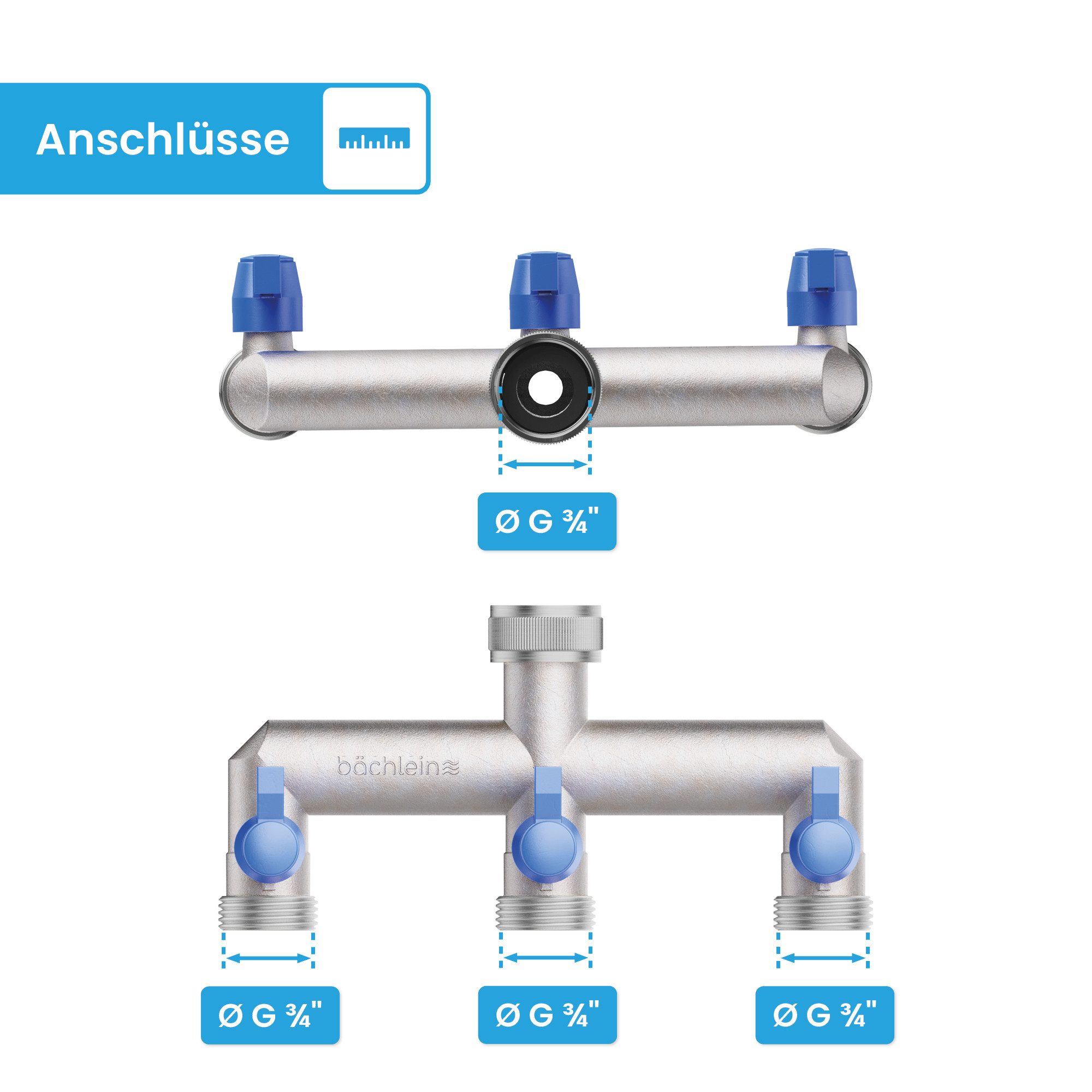 Bächlein 3-Wege Verteiler Bächlein Y-Verteiler mit Absperrhähnen - G 3/4" Wasserverteiler, deal für Gartenschlauch, Waschmaschine, Wassertank und mehr