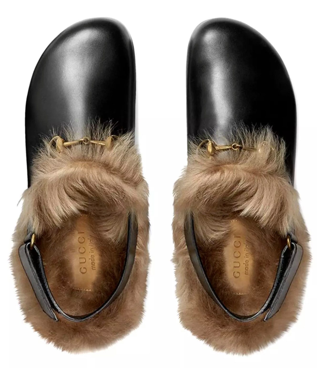 GUCCI Lammfell Princetown Sandalen mit Horsebit Unisex Clog Antikes goldfarbenes Horsebit-Metall,Klettverschluss-Riemen