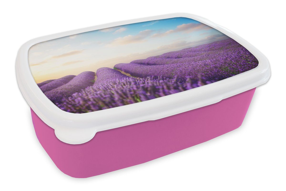 MuchoWow Lunchbox Lavendel - Himmel - Wolken - Blumen, Kunststoff, (2-tlg), Brotbox für Erwachsene, Brotdose Kinder, Snackbox, Mädchen, Kunststoff rosa