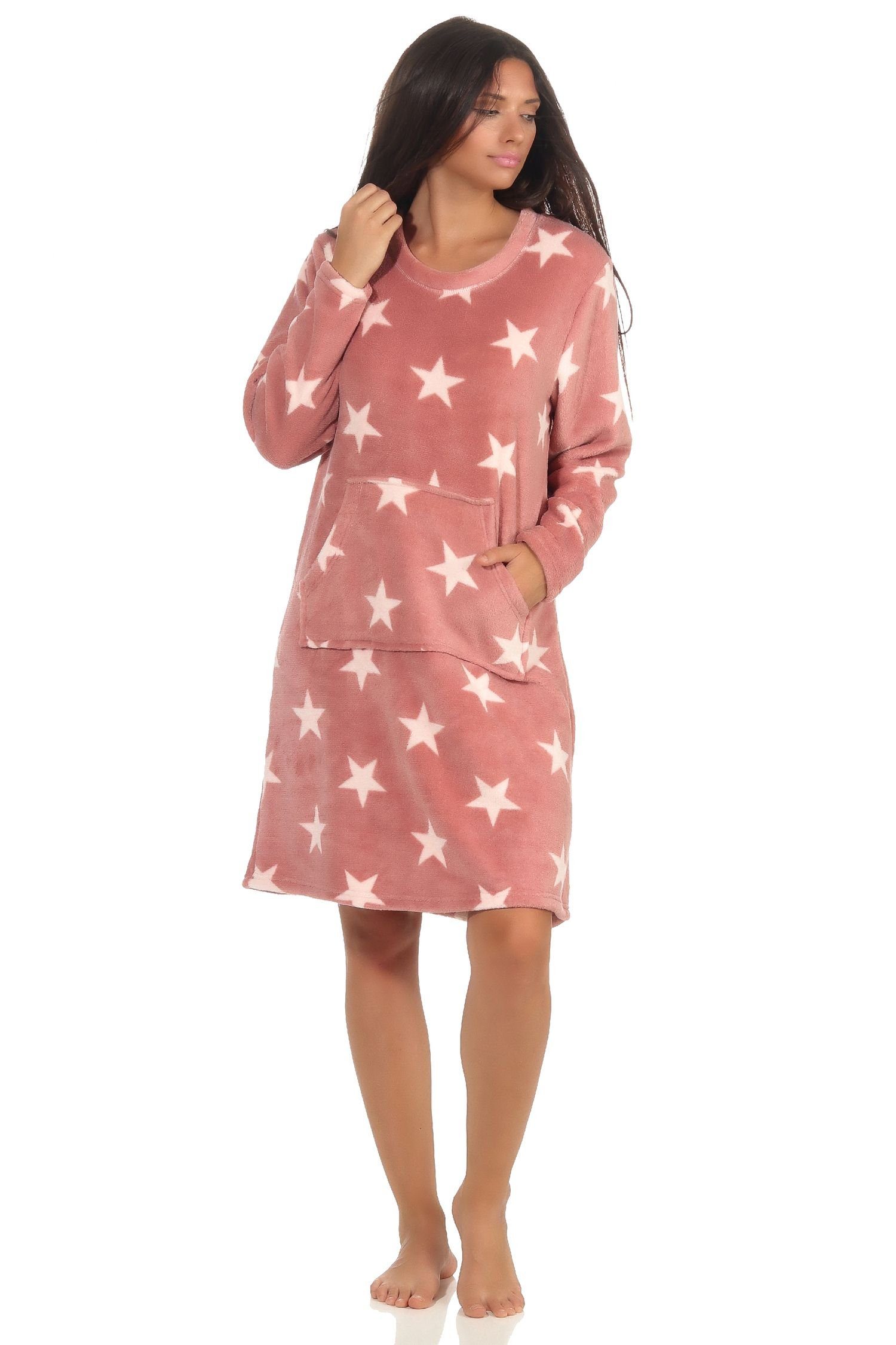 Normann Nachthemd Damen Nachthemd Hauskleid in Sterne Optik aus kuschel Coral Fleece rosa