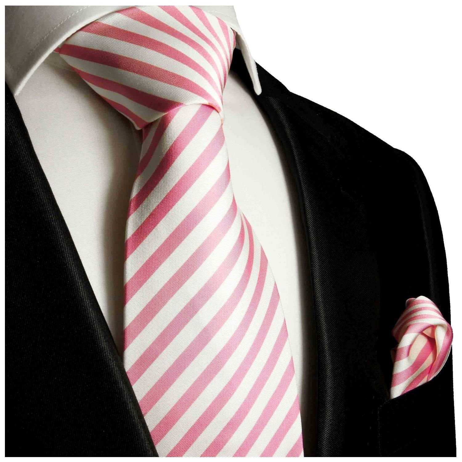 Paul Malone Krawatte Herren Tuch 100% gestreift Seidenkrawatte (Set, pink 2-St., 127 mit modern Breit weiß Krawatte Einstecktuch) (8cm), Seide mit