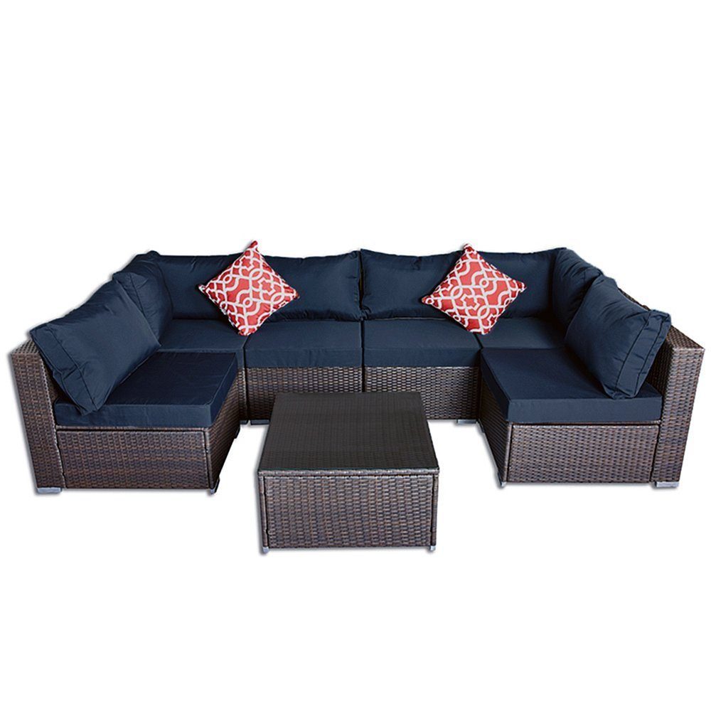 Gartenmöbel Melko Schwarz in Polyrattan Terrassenmöbel Sitzgruppe Polsterung Marineblau, Sitzkissen Set Garnitur Möbel Rattanmöbel Rot Braun Gartenset Lounge Garten Gartenlounge-Set Blau mit Sitzgarnitur Gartengarnitur Sofa Couch bequemer XXL Essgruppe (Stück),