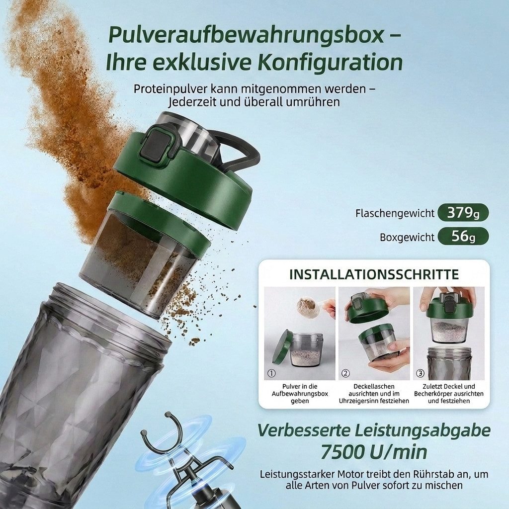 Vashoy Elektrischer Shaker Protein Shaker Elektrisch mit Pulverfach,650ml-Sportbecher, 3 W, BPA-frei, Drehzahl 7500rpm, für Potein Pulver und Milchshake