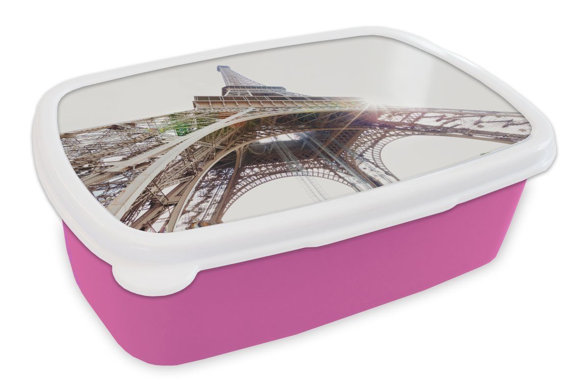 MuchoWow Lunchbox Der Eiffelturm mit einem Sonnenstrahl durch den Eisenrahmen, Kunststoff, (2-tlg), Brotbox für Erwachsene, Brotdose Kinder, Snackbox, Mädchen, Kunststoff rosa
