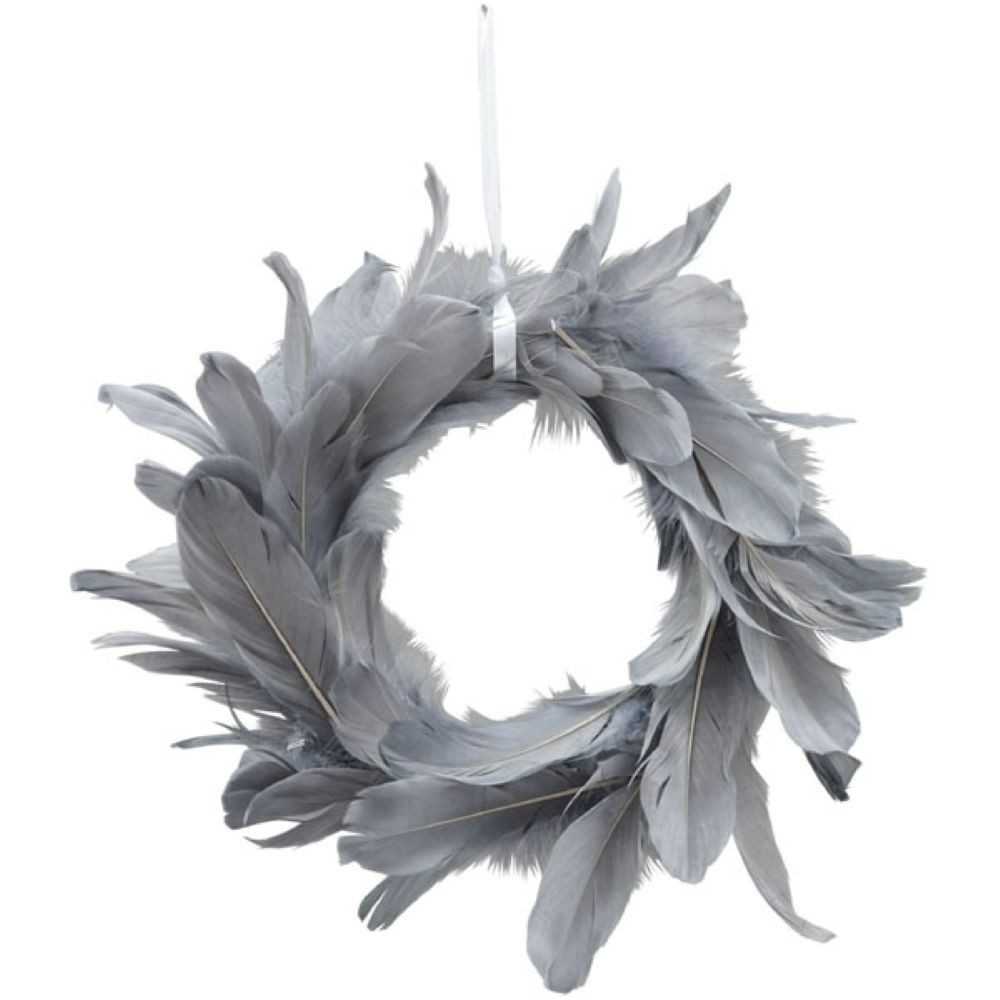 Exner GmbH Garten- & Wohnaccessoires Dekokranz Kranz Feder Deko Hänger Grau Rund 30 cm, beidseitig mit Federn besetzt