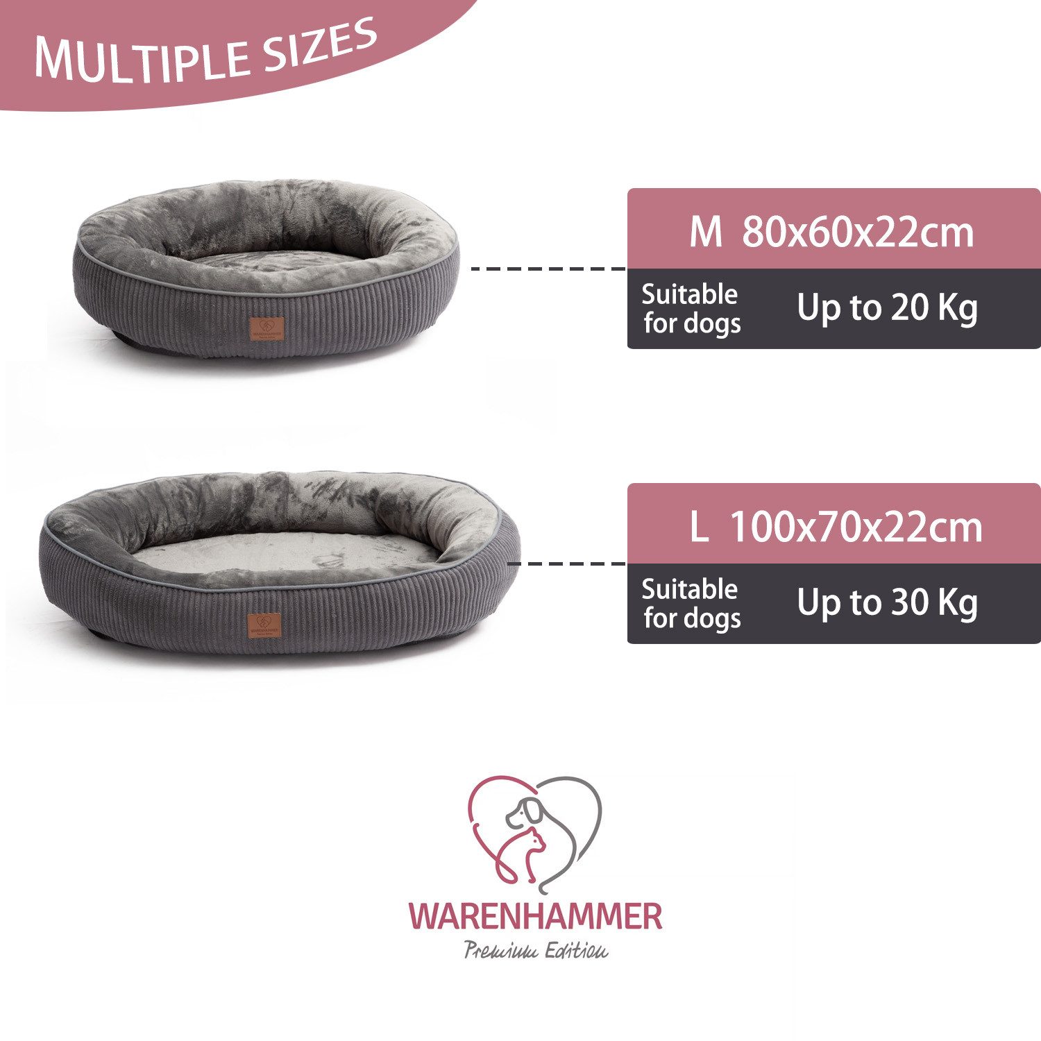 Warenhammer Hundebett Orthopädisches Premium Hundebett, flauschig weich, abnehmbar/waschbar, gepolsterter Rand ca. 20-22 cm hoch, weiches Flanell / herausnehmbare Innenmatratze