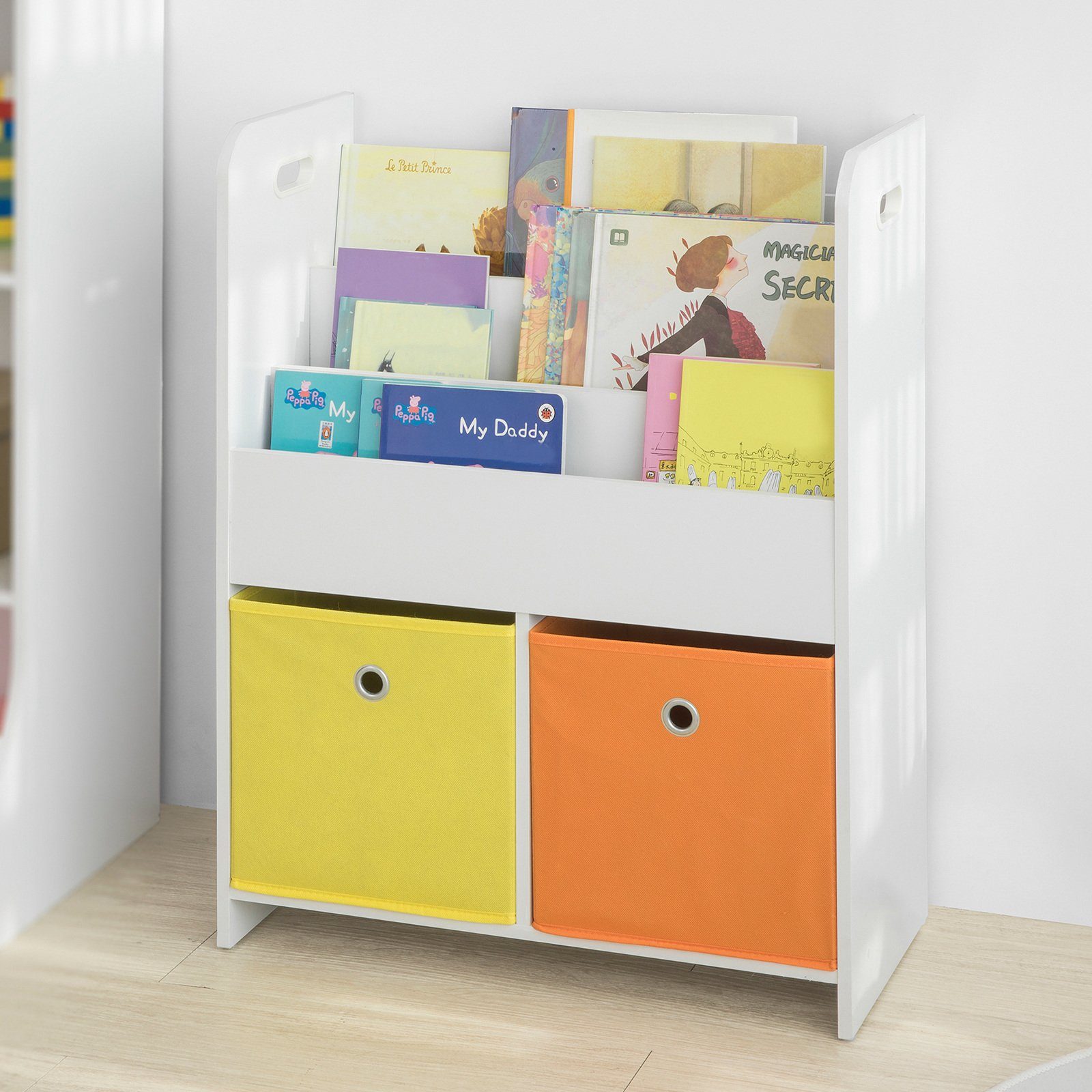 SoBuy Bücherregal KMB26/KMB27, Kinderregal mit Stoffboxen und 3 Spielzeugregal Ablagefächern 2